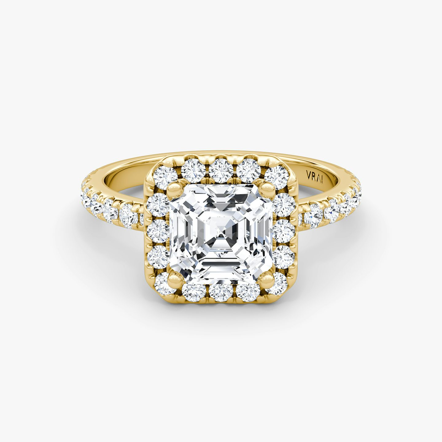The Halo | Asscher | 18k | Yellow Gold | bandAccent: Pavé | haloSize: large | diamondOrientation: vertical | caratWeight: other