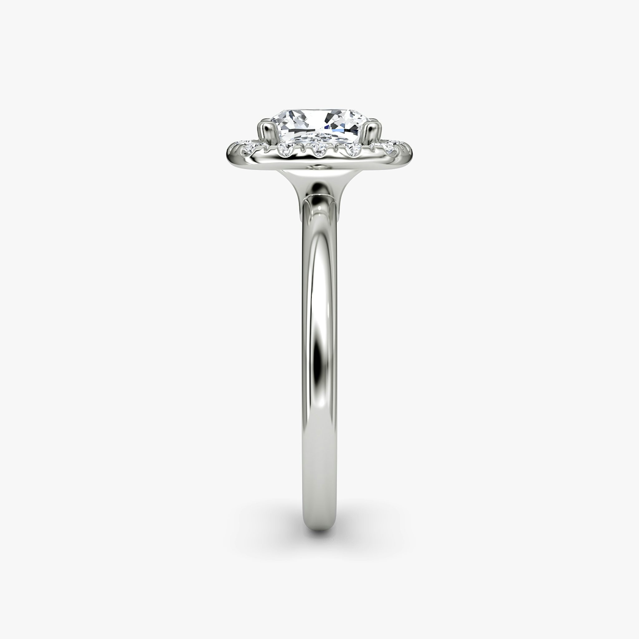 The Halo | Cushion | Platinum | bandAccent: Plain | haloSize: large | diamondOrientation: vertical | caratWeight: other