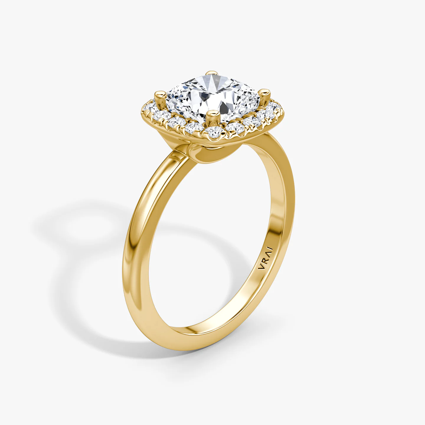 The Halo | Cushion | 18k | Yellow Gold | bandAccent: Plain | haloSize: large | diamondOrientation: vertical | caratWeight: other