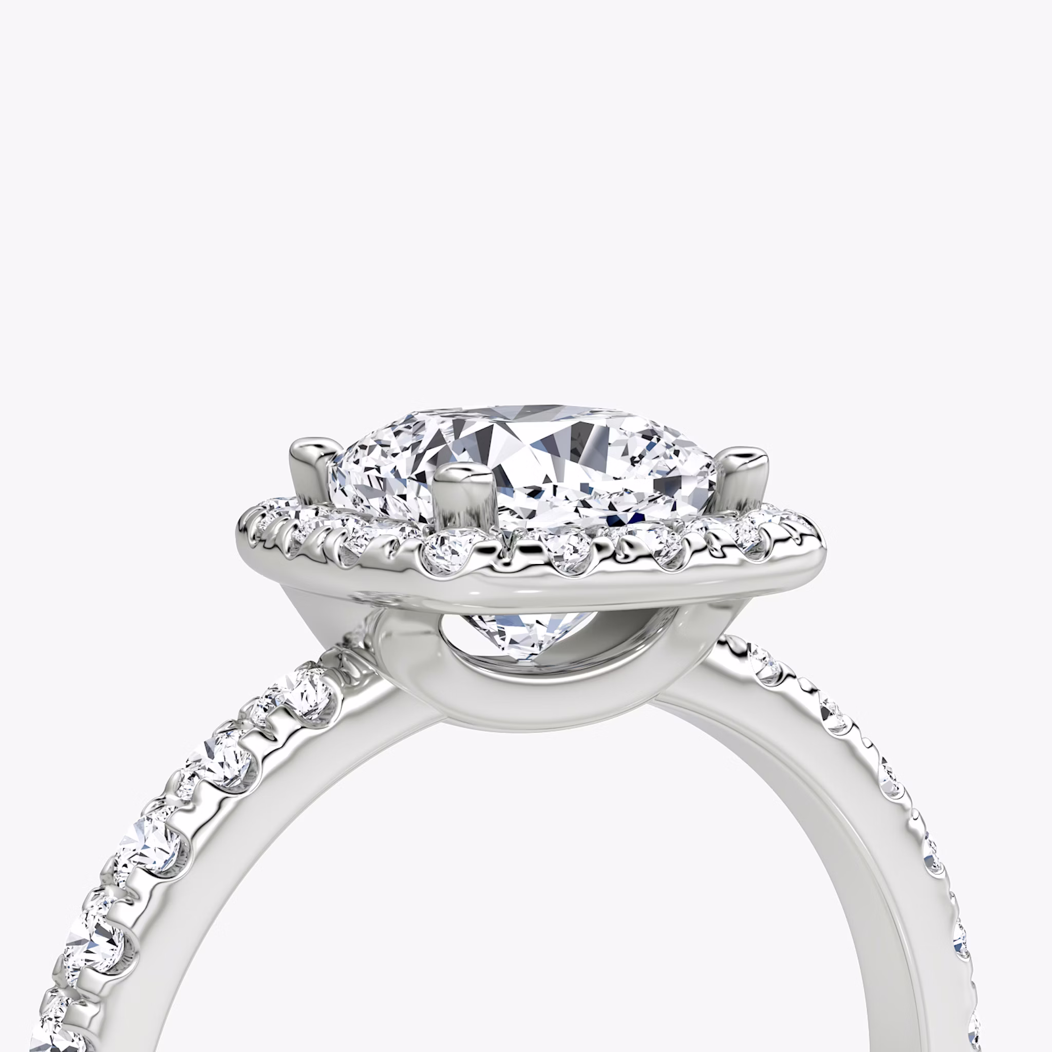 The Halo | Cushion | 18k | White Gold | bandAccent: Pavé | haloSize: large | diamondOrientation: vertical | caratWeight: other