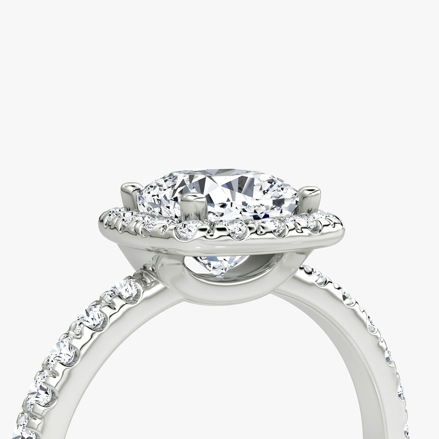 The Halo | Cushion | Platinum | bandAccent: Pavé | haloSize: large | diamondOrientation: vertical | caratWeight: other