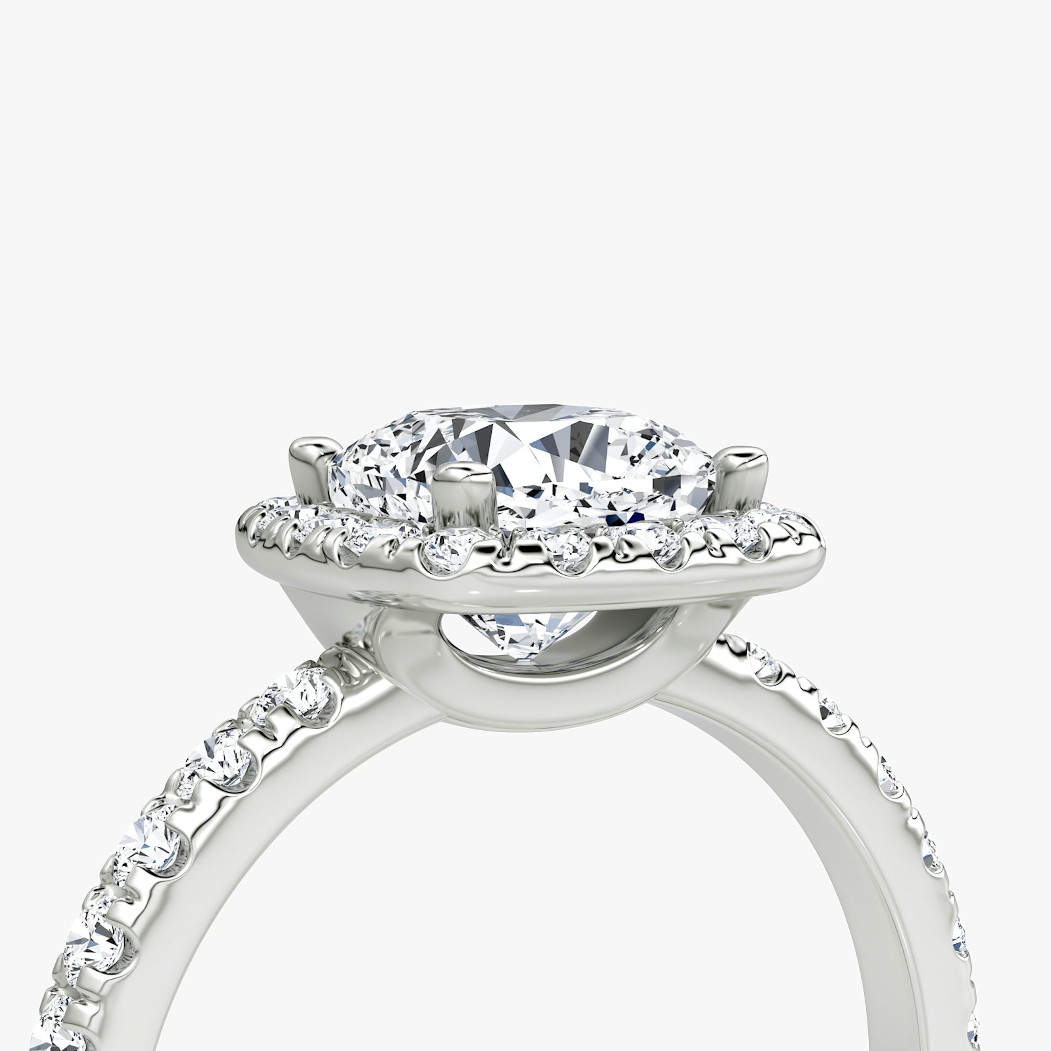 The Halo | Cushion | 18k | White Gold | bandAccent: Pavé | haloSize: large | diamondOrientation: vertical | caratWeight: other