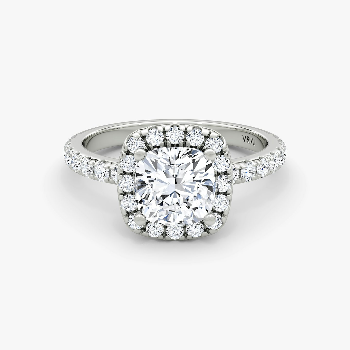 The Halo | Cushion | Platinum | bandAccent: Pavé | haloSize: large | diamondOrientation: vertical | caratWeight: other