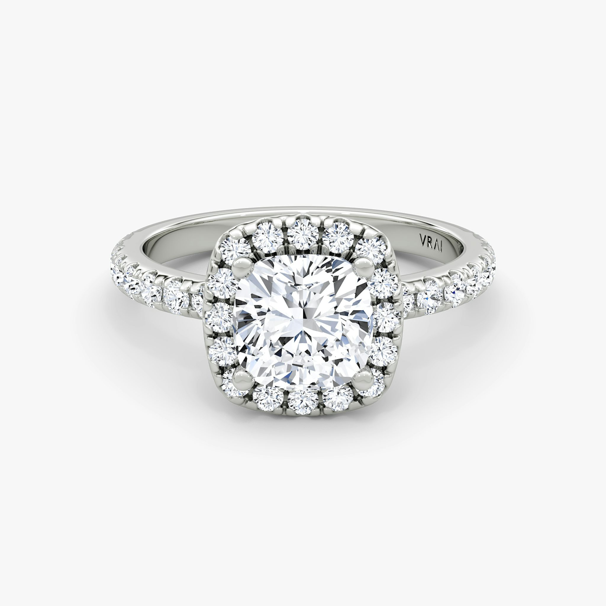The Halo | Cushion | 18k | White Gold | bandAccent: Pavé | haloSize: large | diamondOrientation: vertical | caratWeight: other
