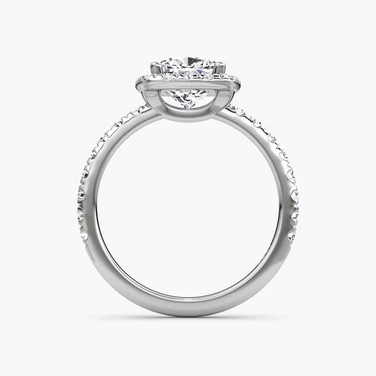 The Halo | Cushion | 18k | White Gold | bandAccent: Pavé | haloSize: large | diamondOrientation: vertical | caratWeight: other