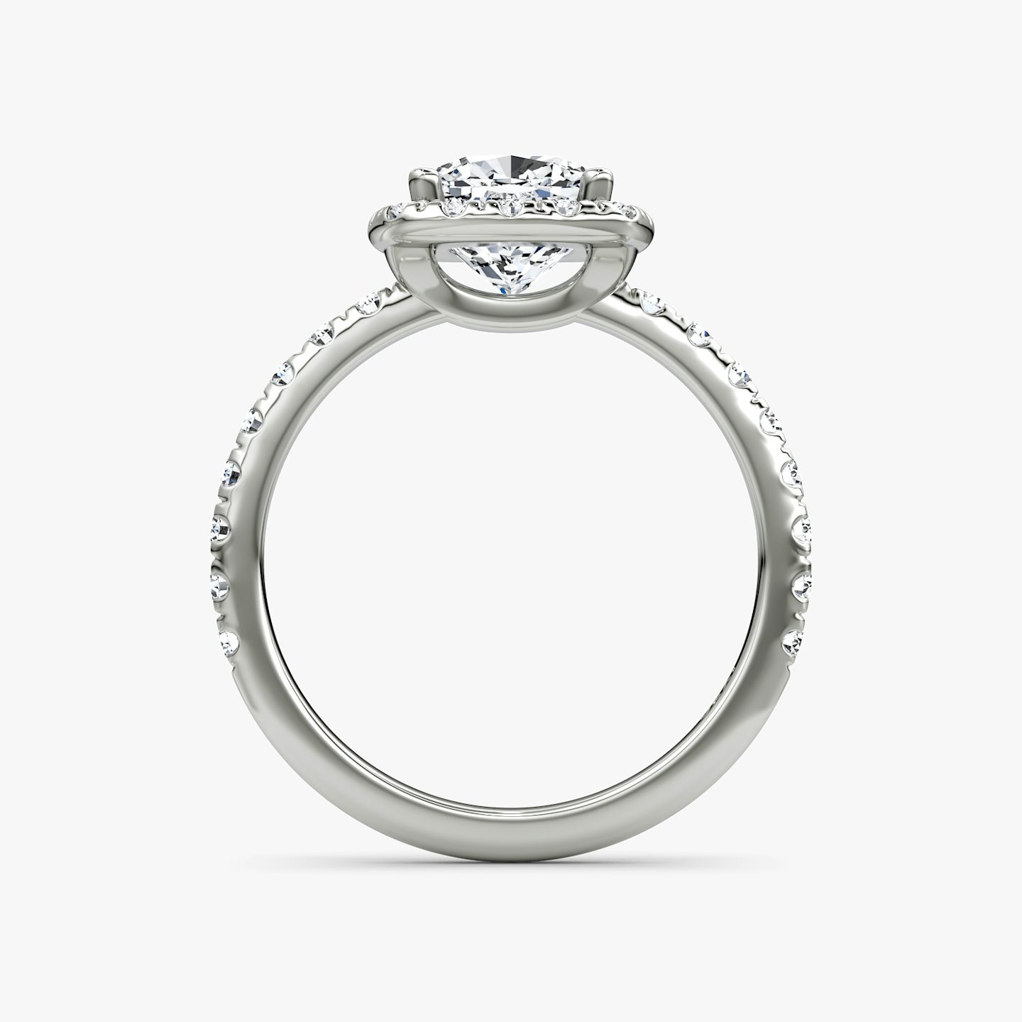 The Halo | Cushion | Platinum | bandAccent: Pavé | haloSize: large | diamondOrientation: vertical | caratWeight: other