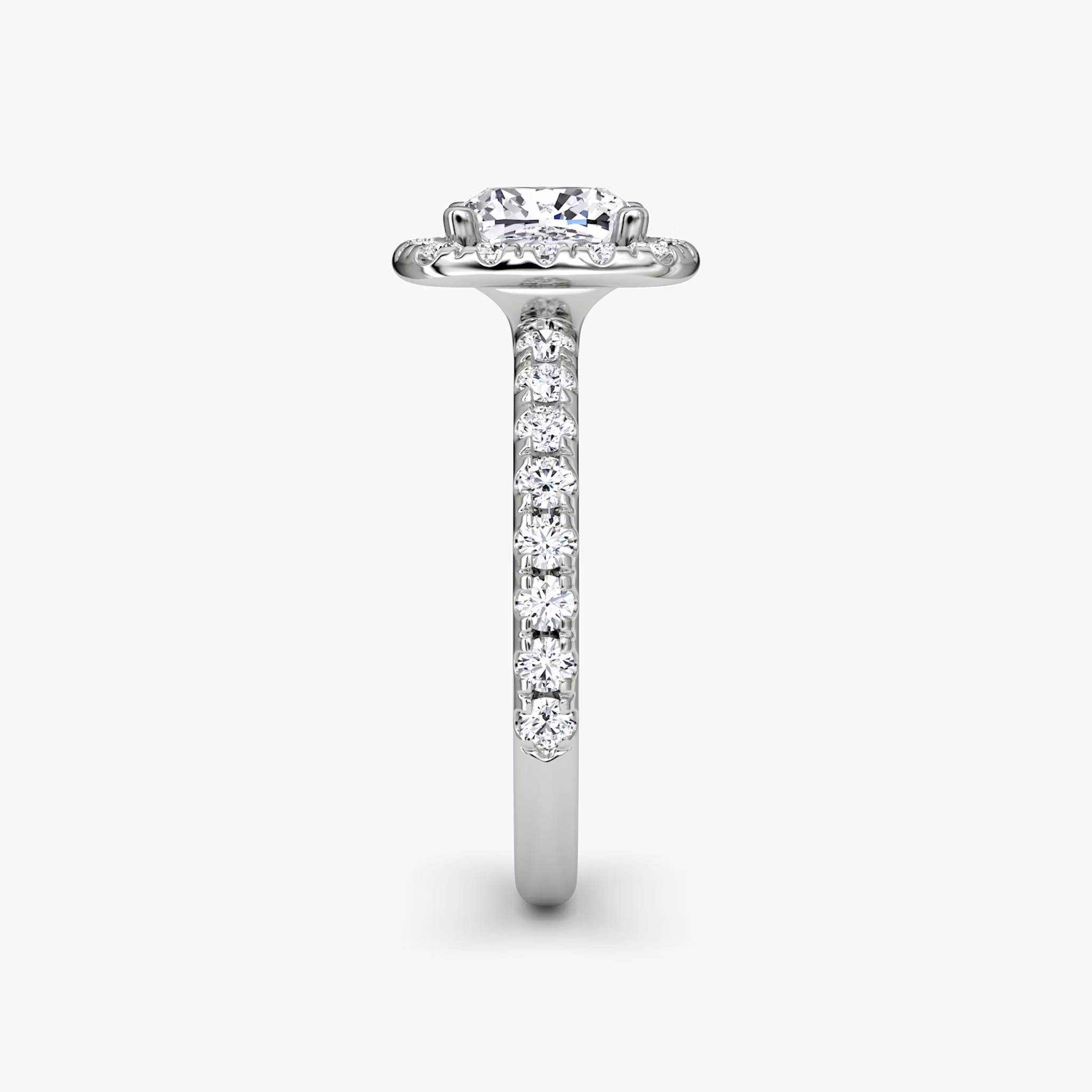 The Halo | Cushion | 18k | White Gold | bandAccent: Pavé | haloSize: large | diamondOrientation: vertical | caratWeight: other