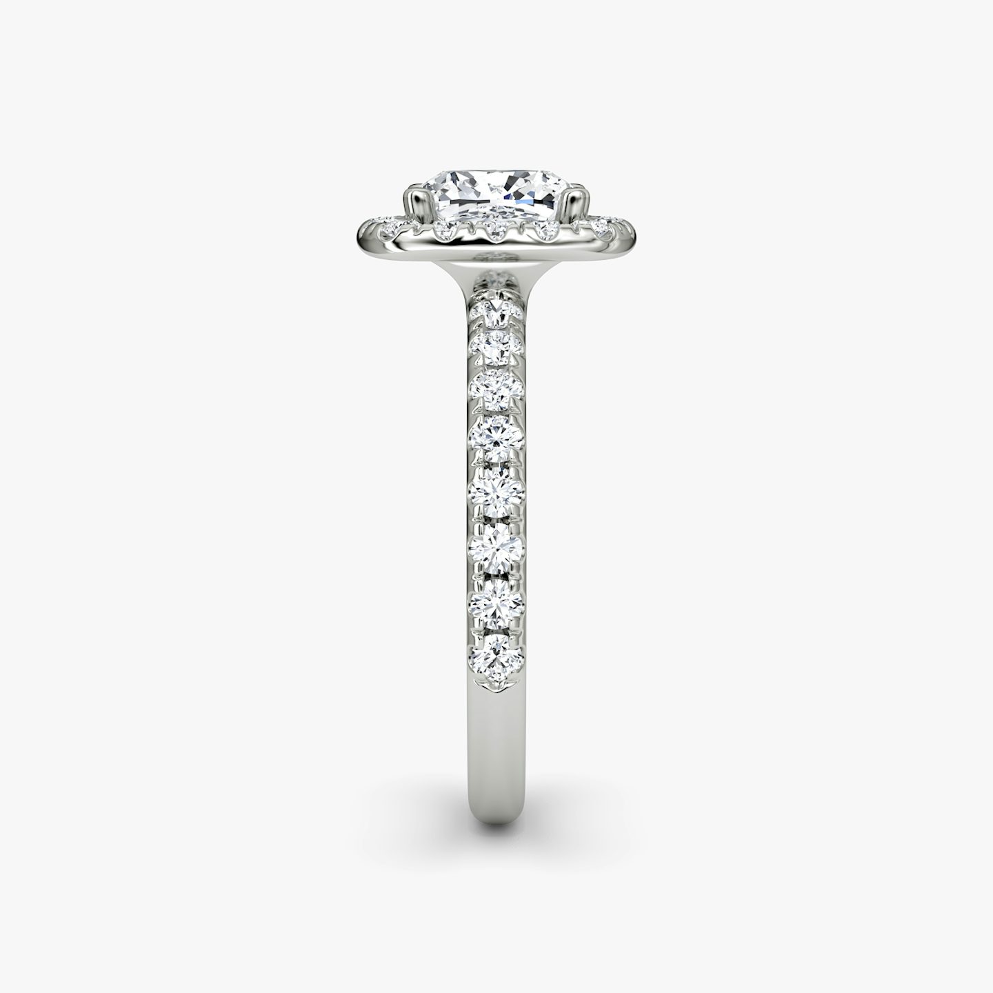 The Halo | Cushion | Platinum | bandAccent: Pavé | haloSize: large | diamondOrientation: vertical | caratWeight: other