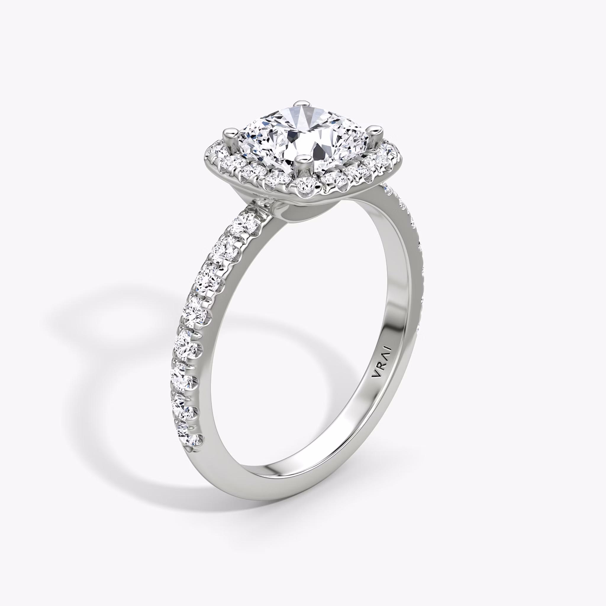 The Halo | Cushion | 18k | White Gold | bandAccent: Pavé | haloSize: large | diamondOrientation: vertical | caratWeight: other