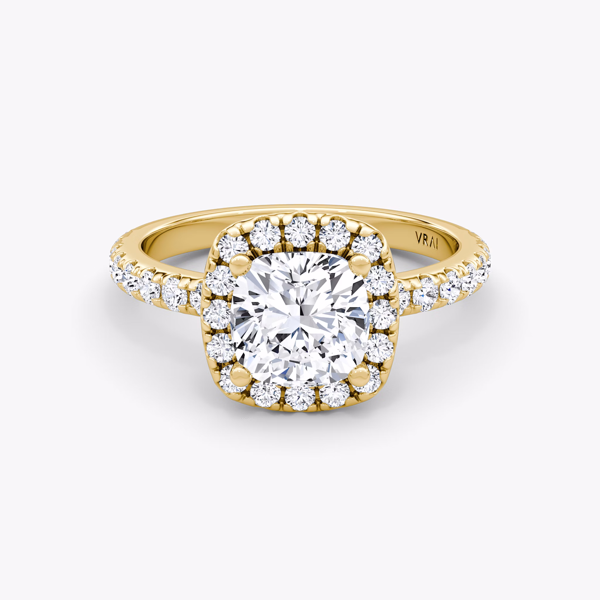 The Halo | Cushion | 18k | Yellow Gold | bandAccent: Pavé | haloSize: large | diamondOrientation: vertical | caratWeight: other