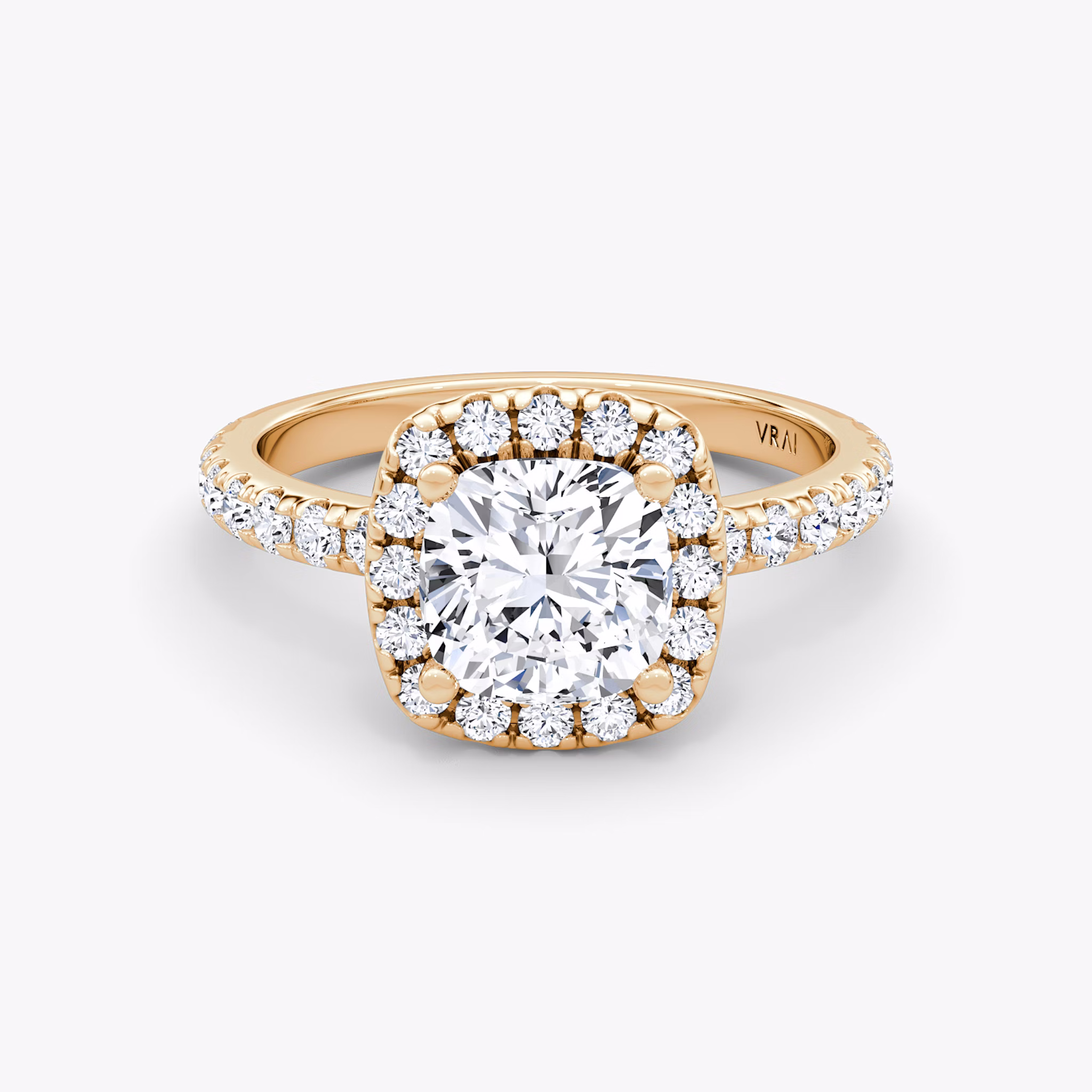 The Halo | Cushion | 14k | Rose Gold | bandAccent: Pavé | haloSize: large | diamondOrientation: vertical | caratWeight: other