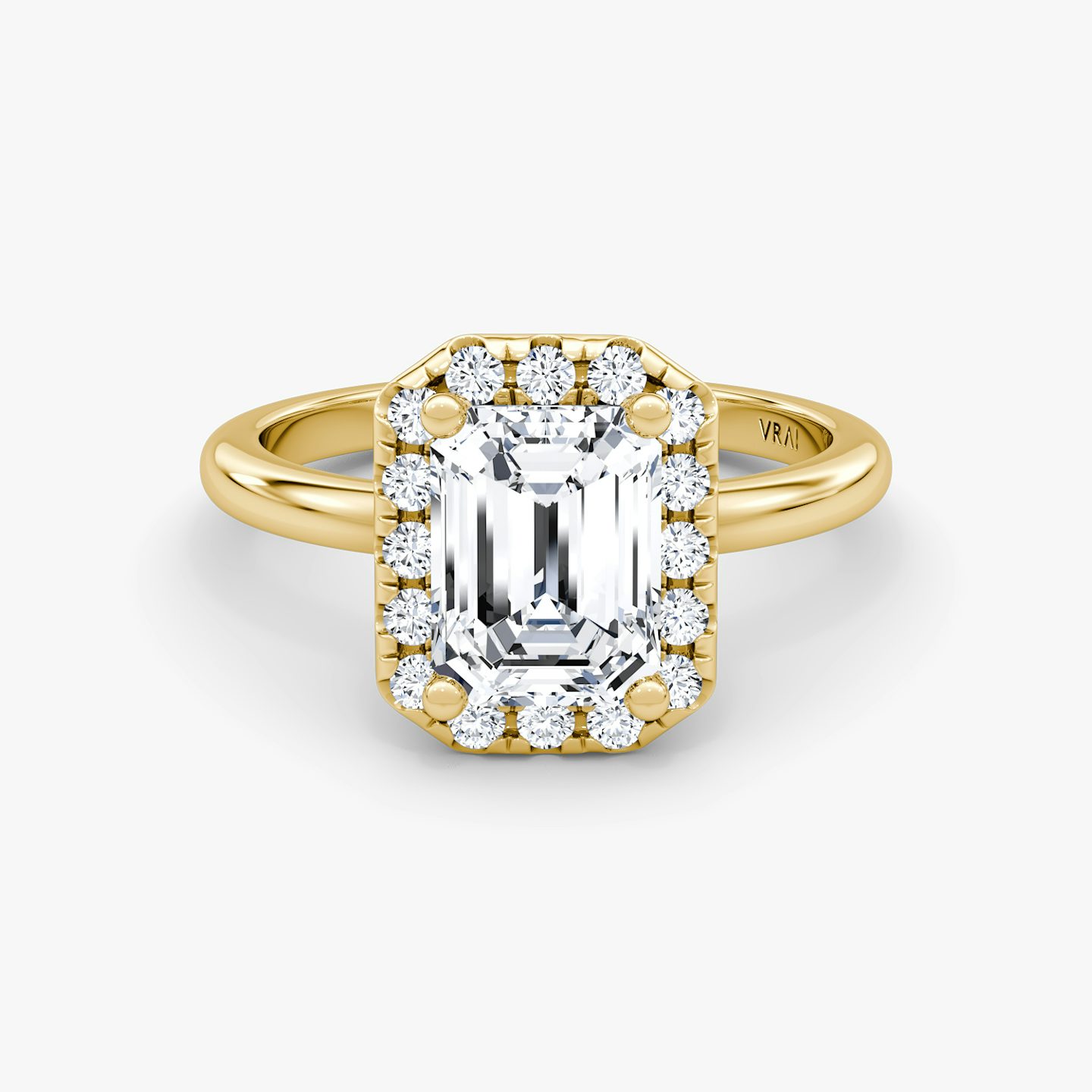 The Halo | Emerald | 18k | Yellow Gold | bandAccent: Plain | haloSize: large | diamondOrientation: vertical | caratWeight: other