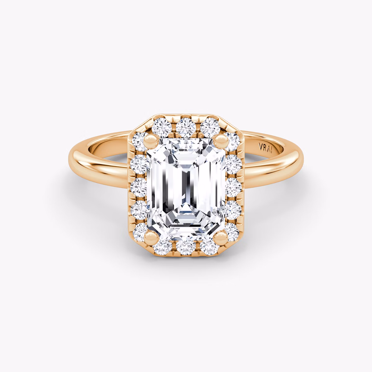 The Halo | Emerald | 14k | Rose Gold | bandAccent: Plain | haloSize: large | diamondOrientation: vertical | caratWeight: other