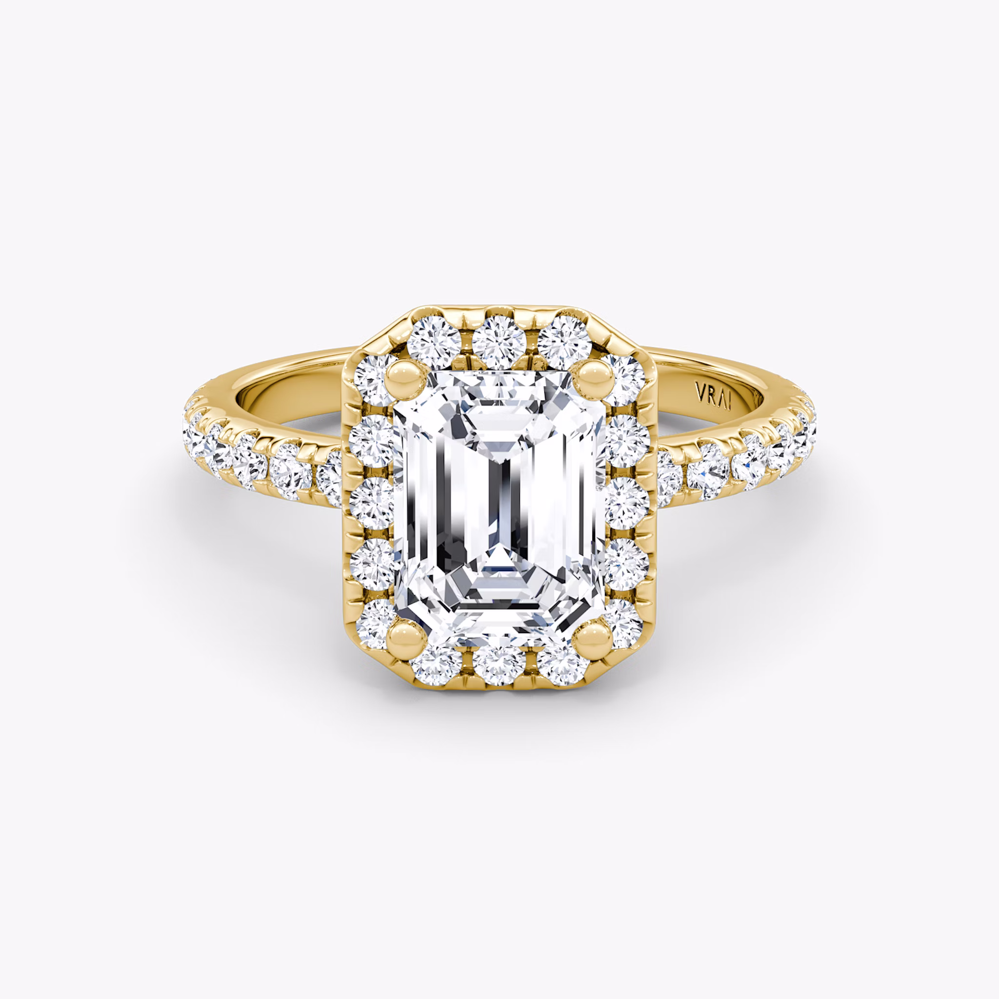 The Halo | Emerald | 18k | Yellow Gold | bandAccent: Pavé | haloSize: large | diamondOrientation: vertical | caratWeight: other