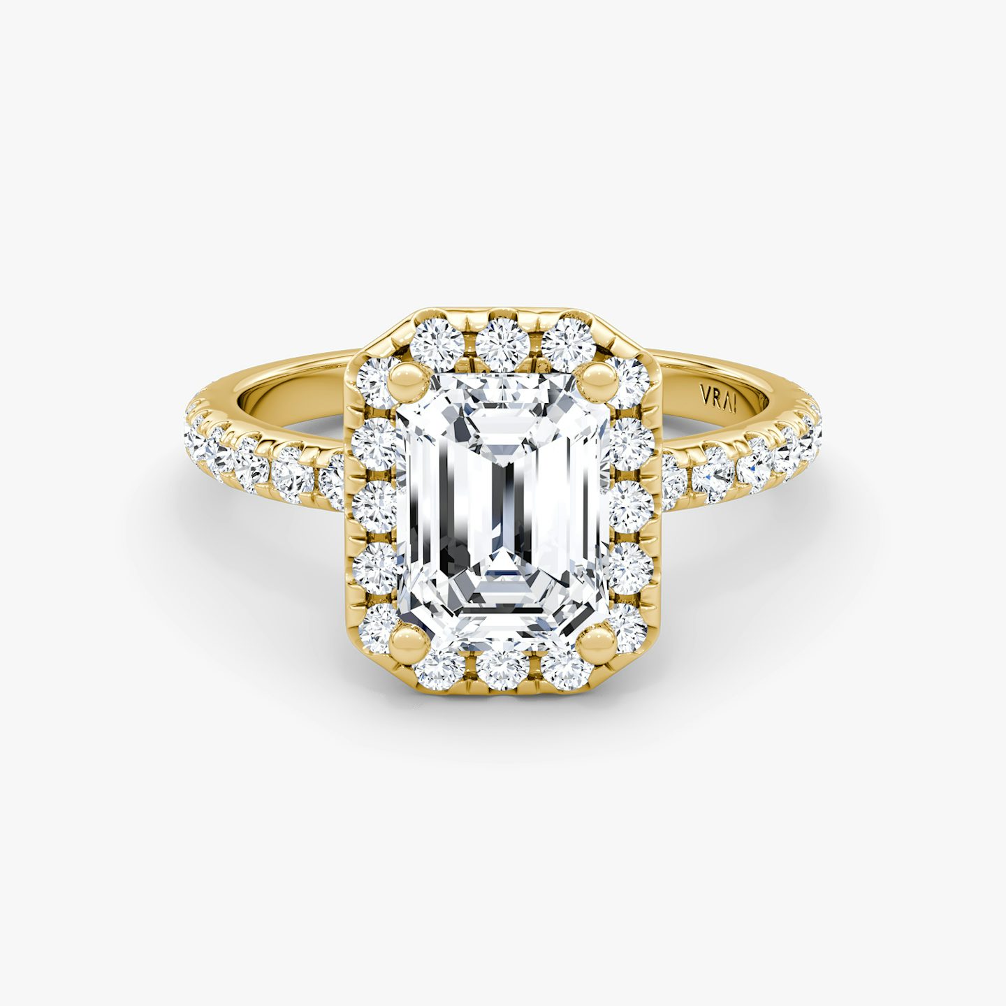The Halo | Emerald | 18k | Yellow Gold | bandAccent: Pavé | haloSize: large | diamondOrientation: vertical | caratWeight: other