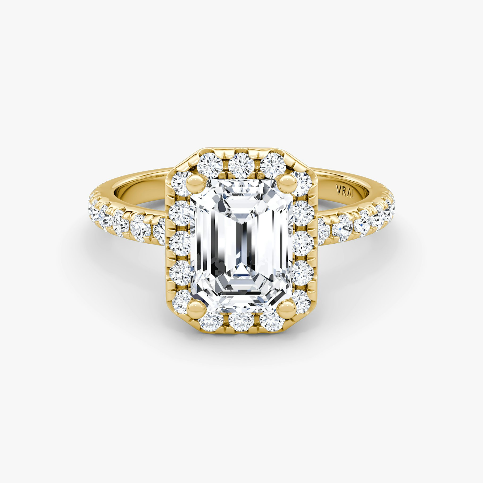 The Halo | Emerald | 18k | Yellow Gold | bandAccent: Pavé | haloSize: large | diamondOrientation: vertical | caratWeight: other