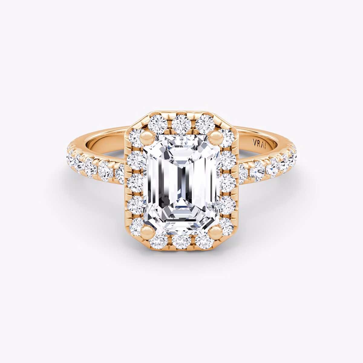 The Halo | Emerald | 14k | Rose Gold | bandAccent: Pavé | haloSize: large | diamondOrientation: vertical | caratWeight: other