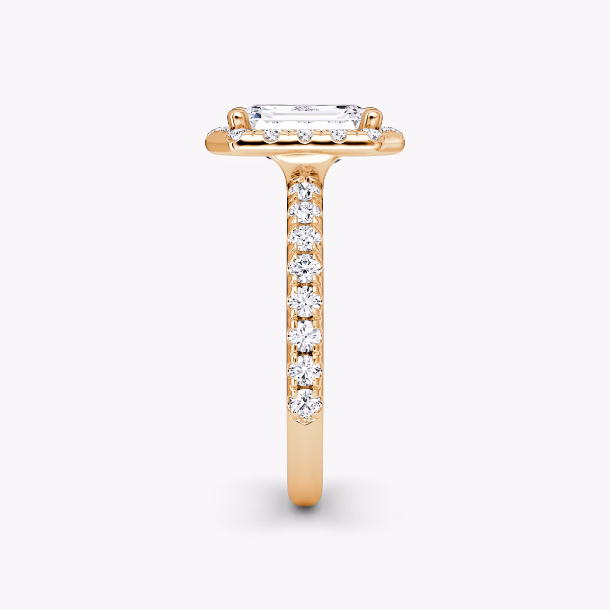 The Halo | Emerald | 14k | Rose Gold | bandAccent: Pavé | haloSize: large | diamondOrientation: vertical | caratWeight: other