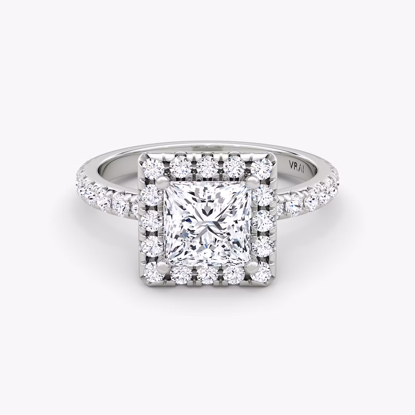 The Halo | Princess | Platinum | bandAccent: Pavé | haloSize: large | diamondOrientation: vertical | caratWeight: other
