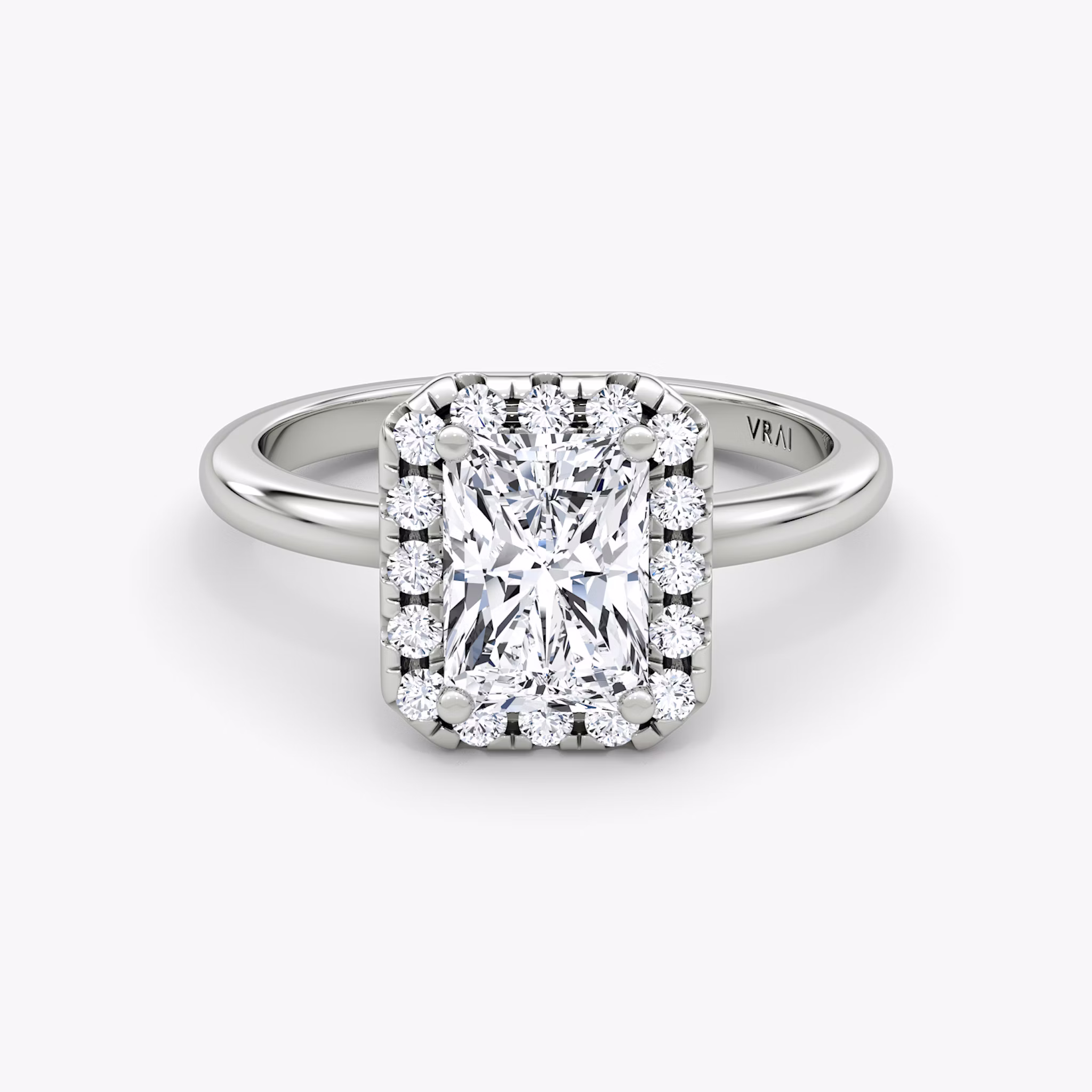 The Halo | Radiant | Platinum | bandAccent: Plain | haloSize: large | diamondOrientation: vertical | caratWeight: other