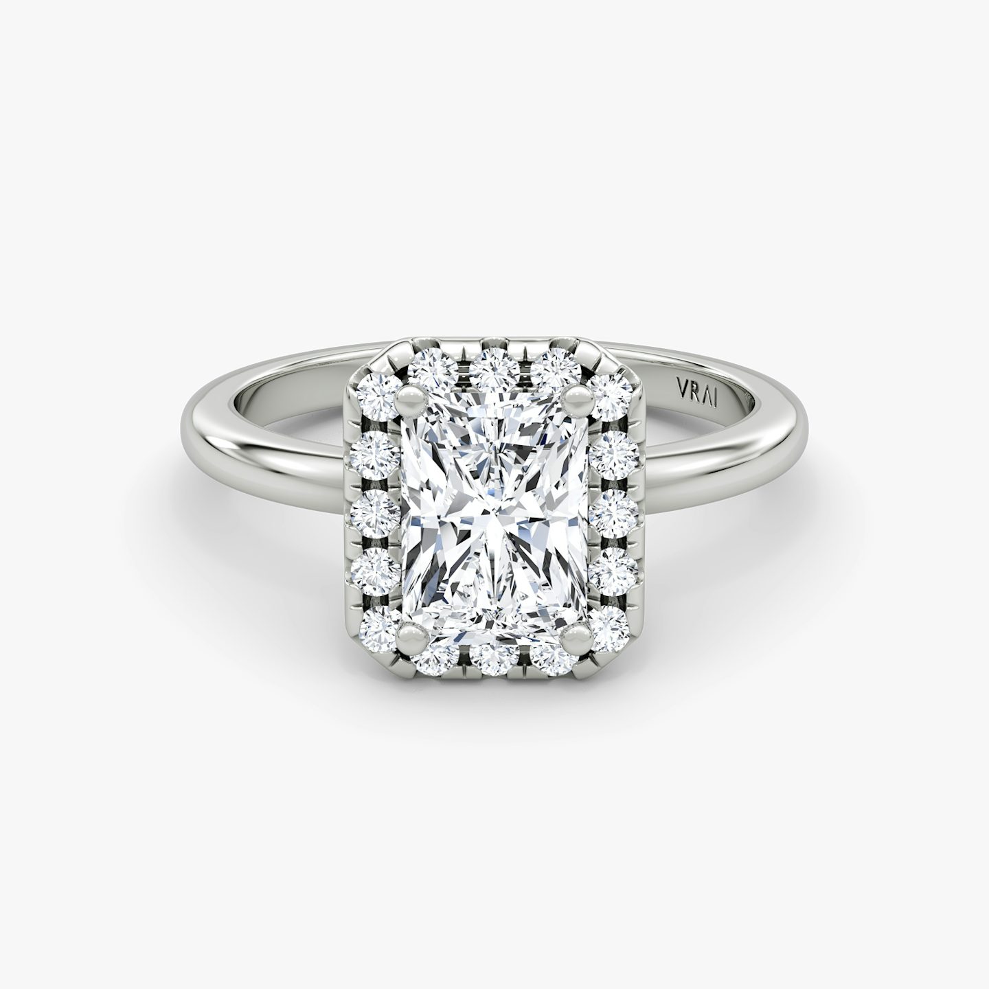 Anillo de compromiso Halo | Radiante | Platino | bandAccent: Simple | haloSize: large | diamondOrientation: vertical | caratWeight: other
