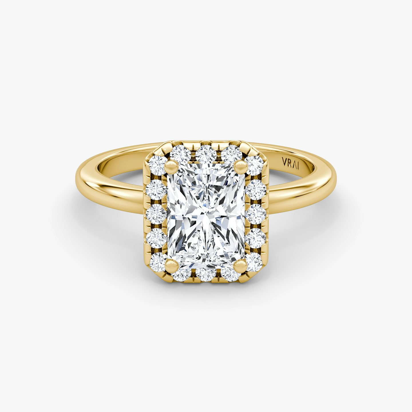 Anillo de compromiso Halo | Radiante | 18k | Oro amarillo | bandAccent: Simple | haloSize: large | diamondOrientation: vertical | caratWeight: other