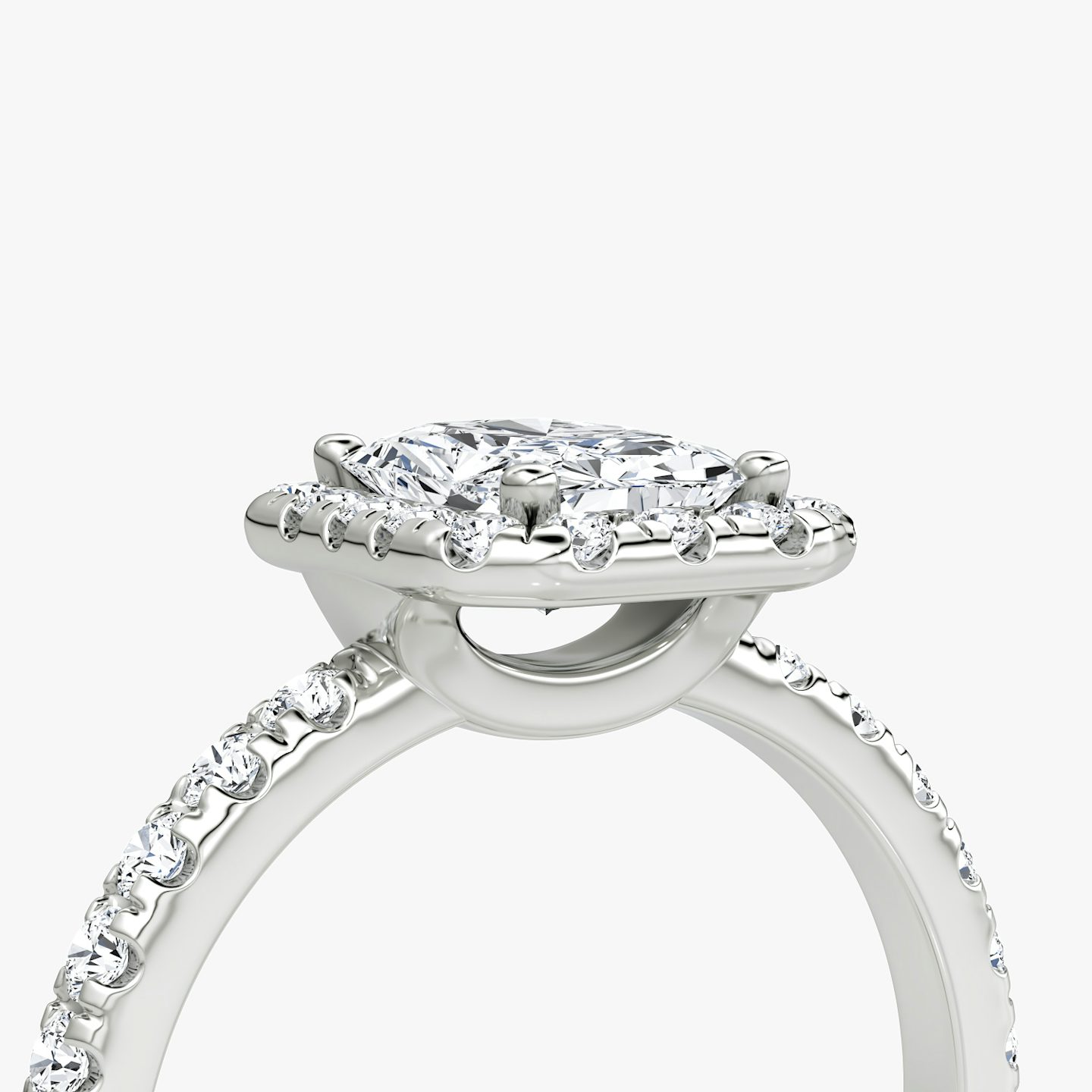 The Halo | Radiant | Platinum | bandAccent: Pavé | haloSize: large | diamondOrientation: vertical | caratWeight: other