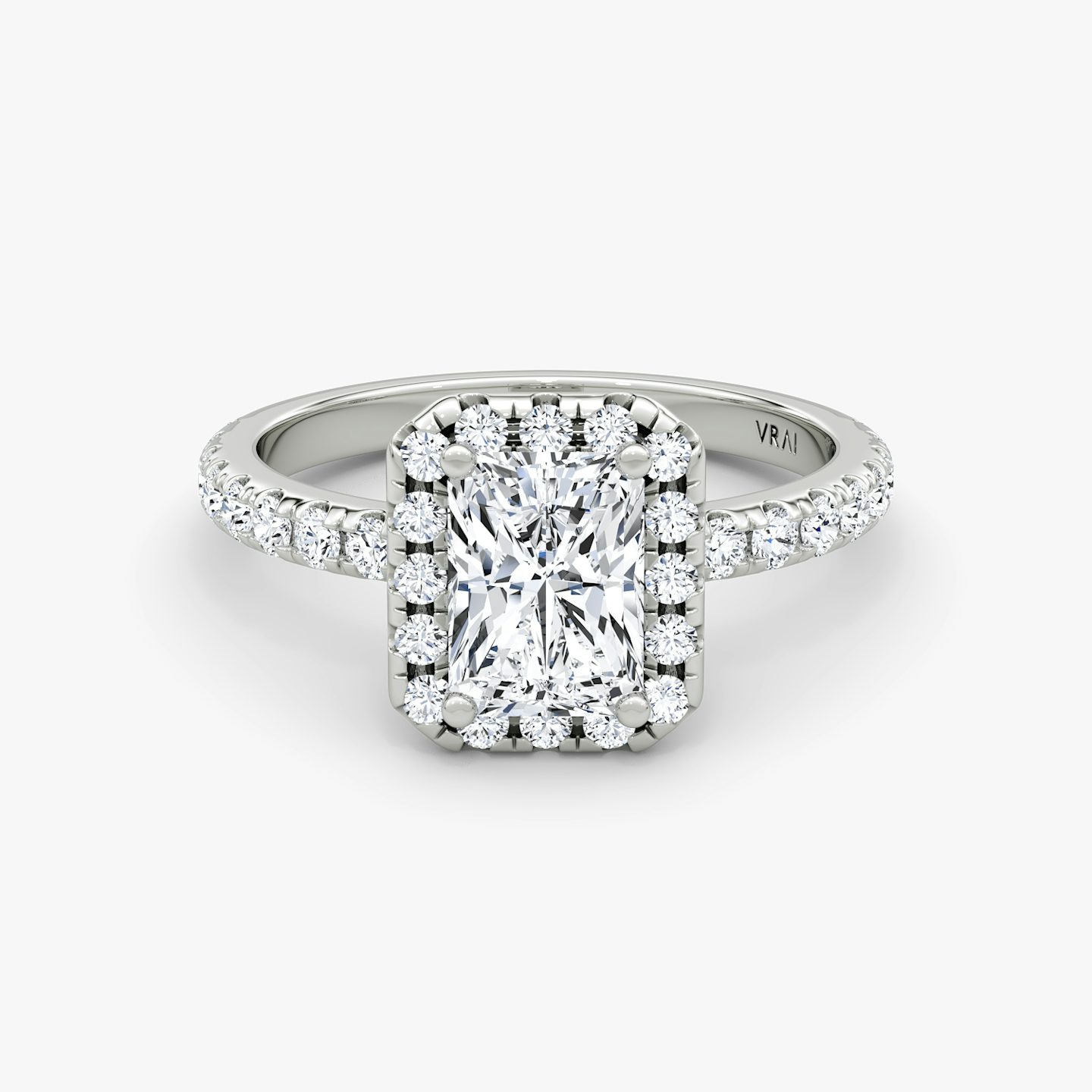 The Halo | Radiant | Platinum | bandAccent: Pavé | haloSize: large | diamondOrientation: vertical | caratWeight: other