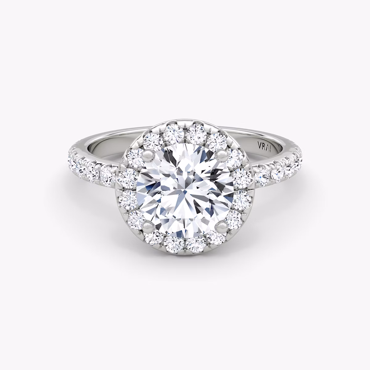 The Halo | Round Brilliant | Platinum | bandAccent: Pavé | caratWeight: 2.0ct | haloSize: large | diamondOrientation: vertical