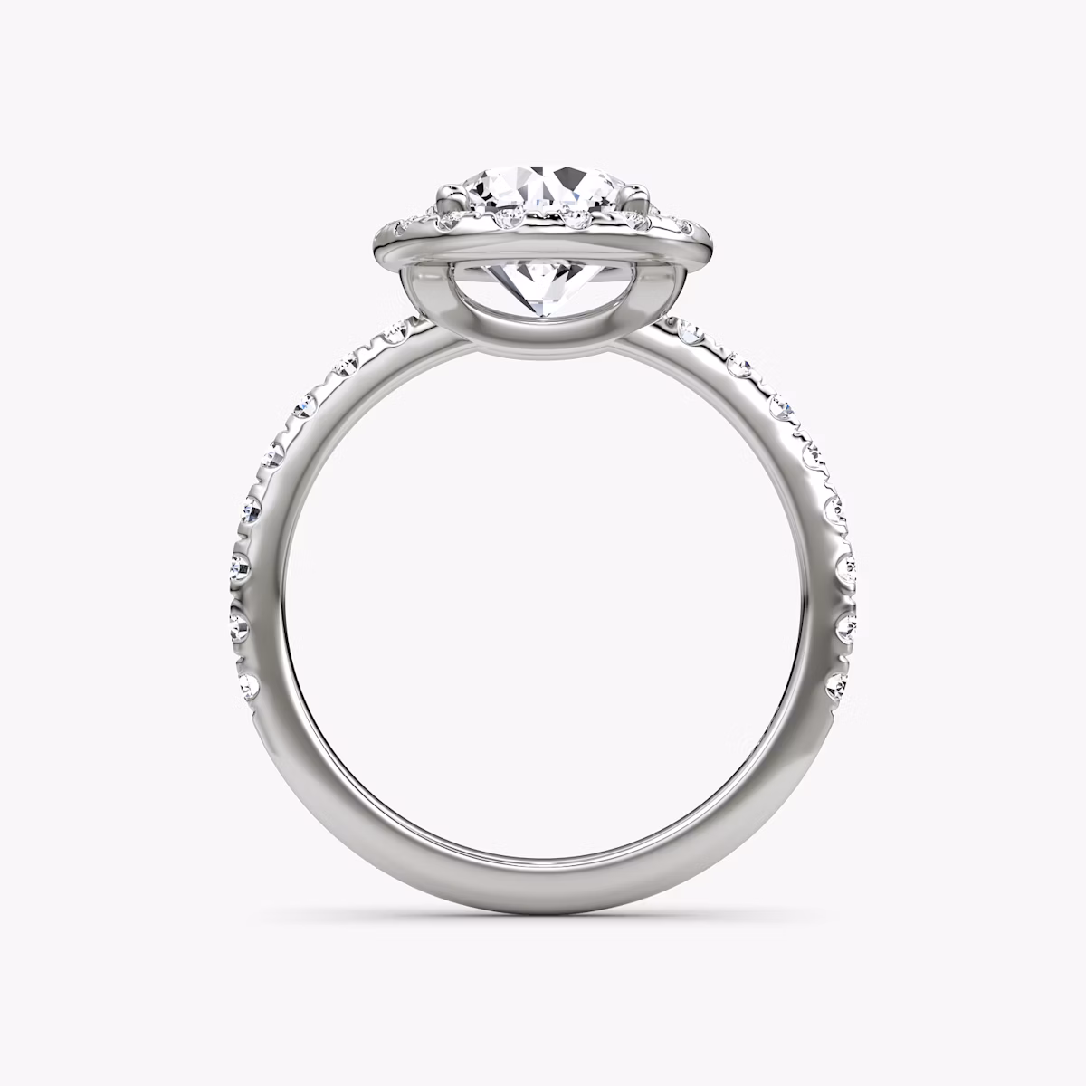 The Halo | Round Brilliant | Platinum | bandAccent: Pavé | caratWeight: 2.0ct | haloSize: large | diamondOrientation: vertical