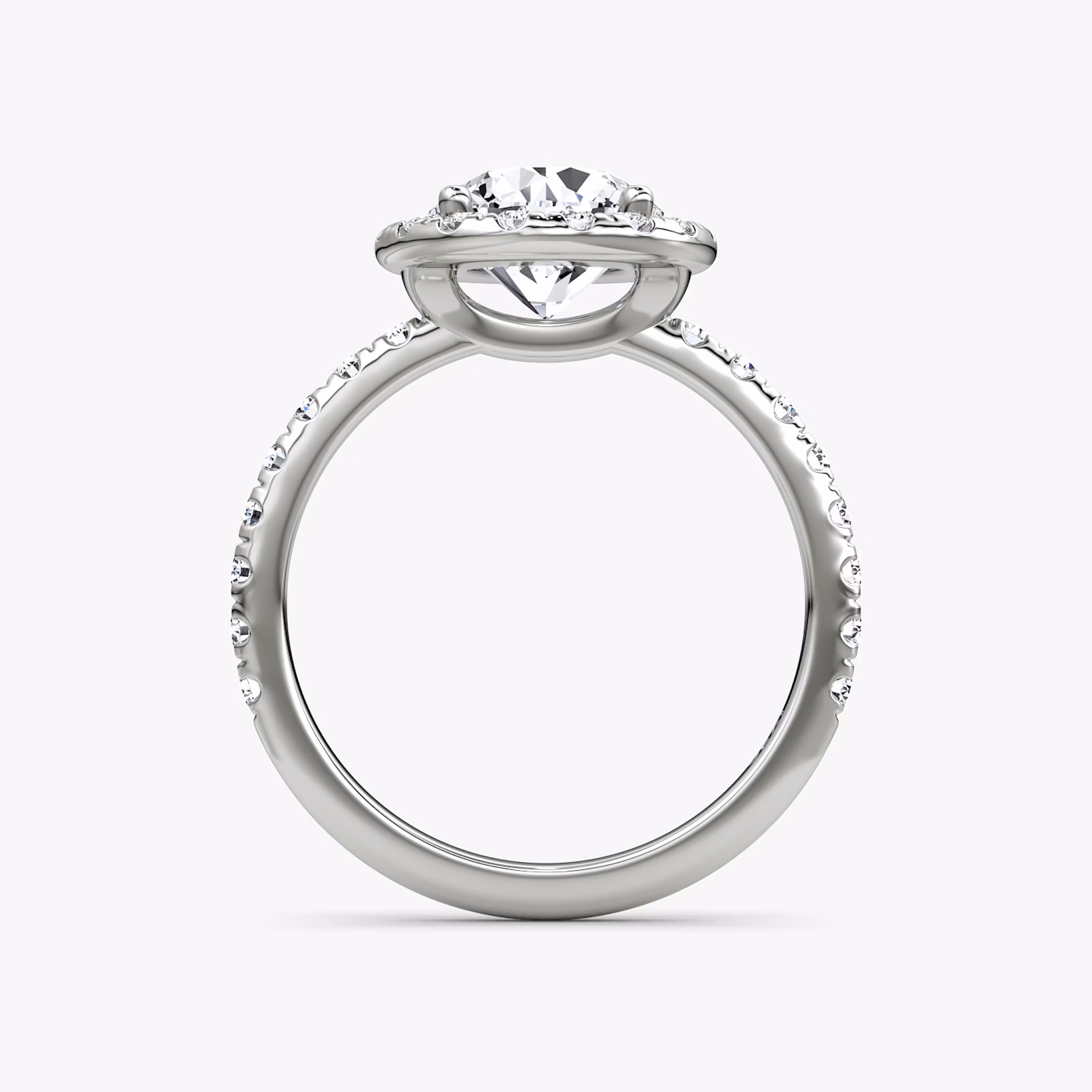 The Halo | Round Brilliant | Platinum | bandAccent: Pavé | caratWeight: 1.5ct | haloSize: large | diamondOrientation: vertical