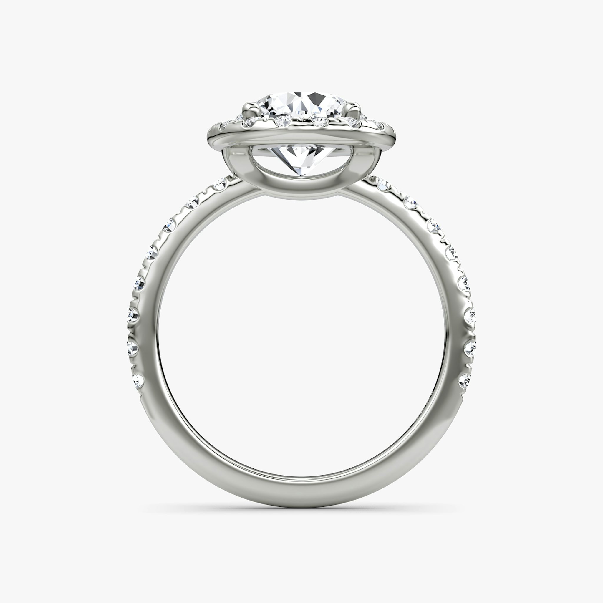 The Halo | Round Brilliant | Platinum | bandAccent: Pavé | caratWeight: 1.5ct | haloSize: large | diamondOrientation: vertical