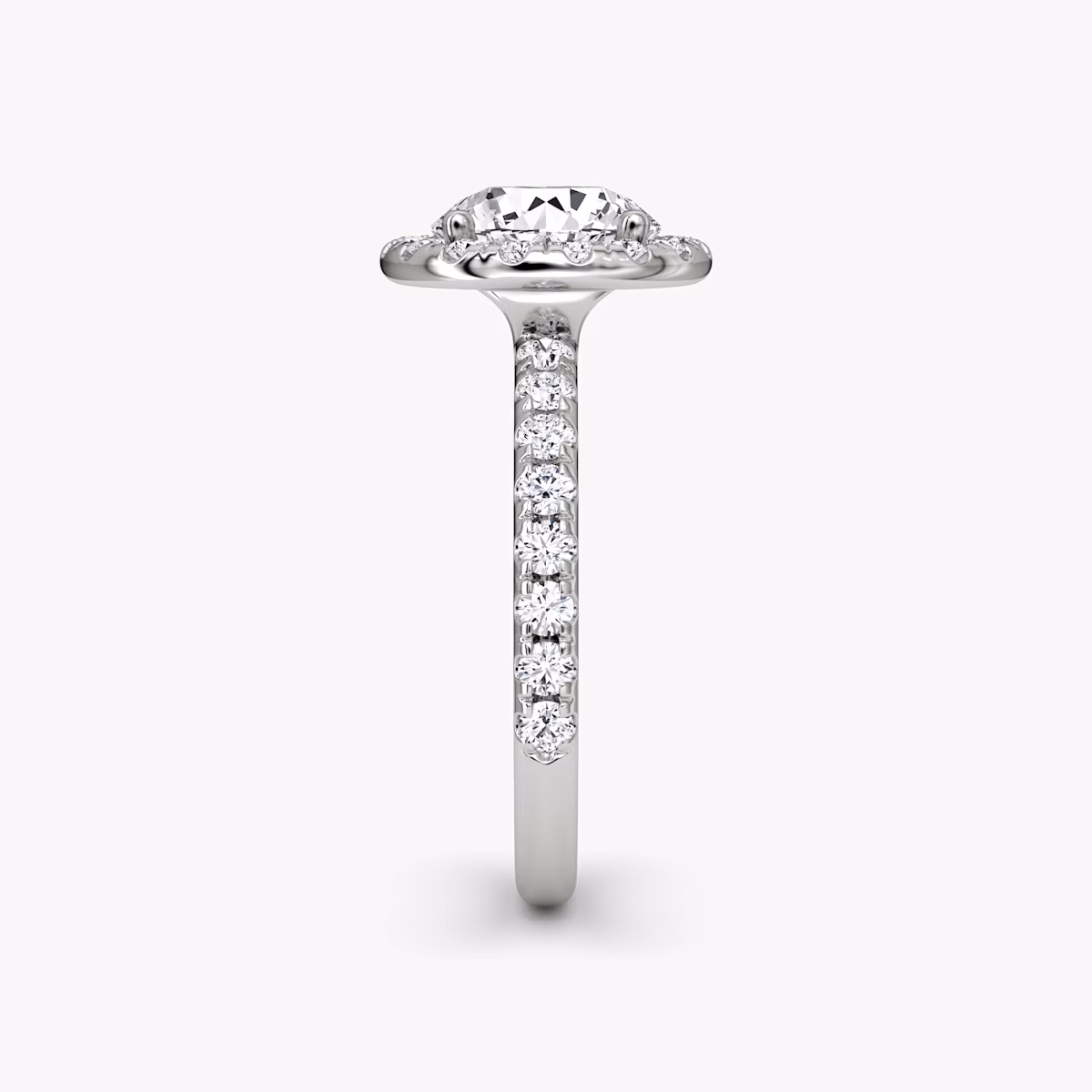 The Halo | Round Brilliant | Platinum | bandAccent: Pavé | caratWeight: 2.0ct | haloSize: large | diamondOrientation: vertical
