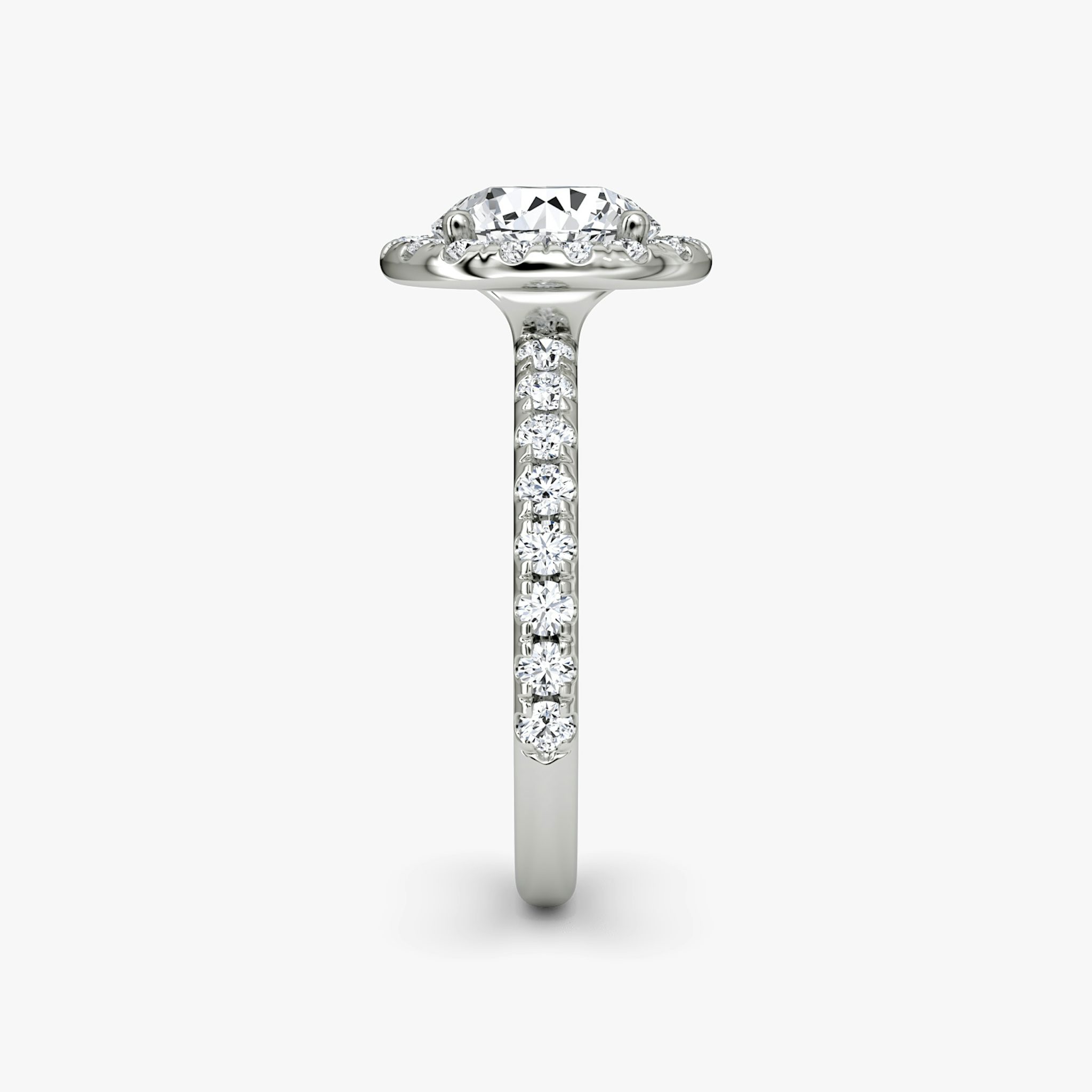 The Halo | Round Brilliant | Platinum | bandAccent: Pavé | caratWeight: 1.5ct | haloSize: large | diamondOrientation: vertical