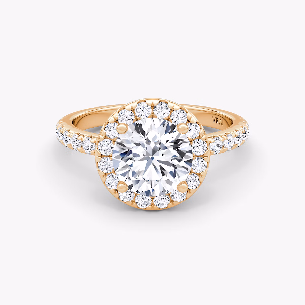 The Halo | Round Brilliant | 14k | Rose Gold | bandAccent: Pavé | caratWeight: 2.0ct | haloSize: large | diamondOrientation: vertical