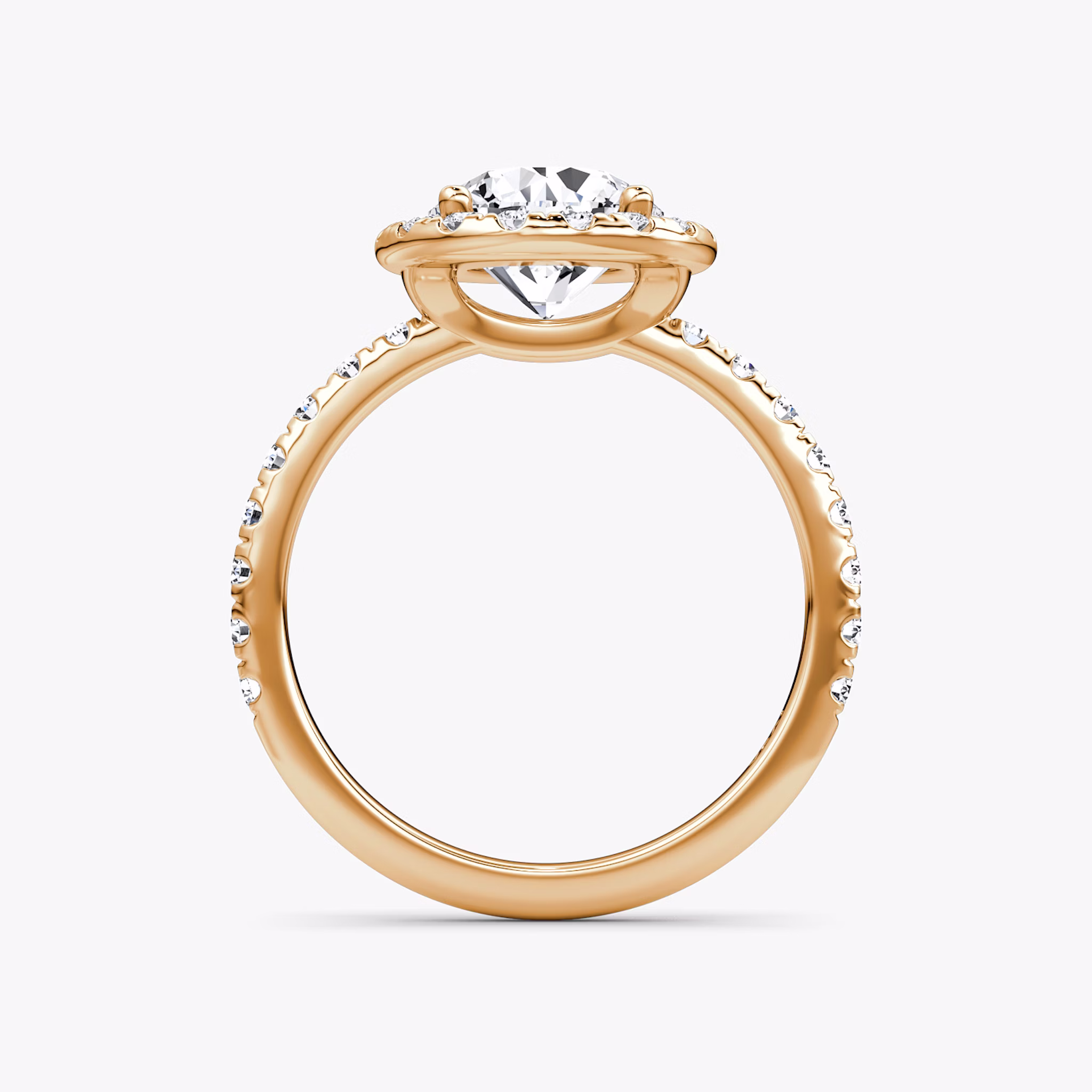 The Halo | Round Brilliant | 14k | Rose Gold | bandAccent: Pavé | caratWeight: other | haloSize: large | diamondOrientation: vertical