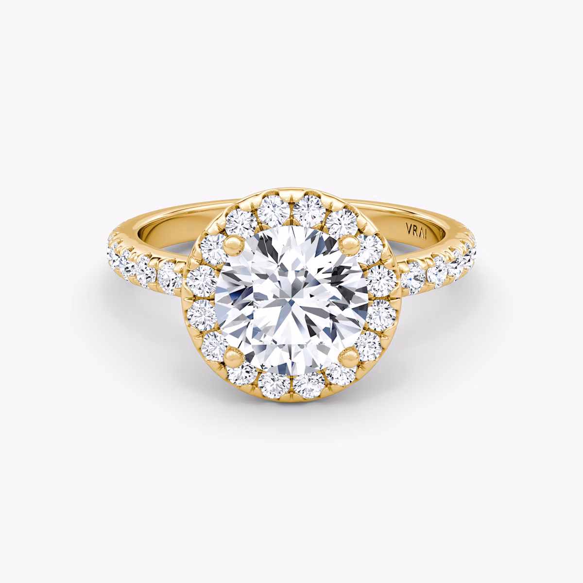 The Halo | Round Brilliant | 18k | Yellow Gold | bandAccent: Pavé | caratWeight: 2.0ct | haloSize: large | diamondOrientation: vertical