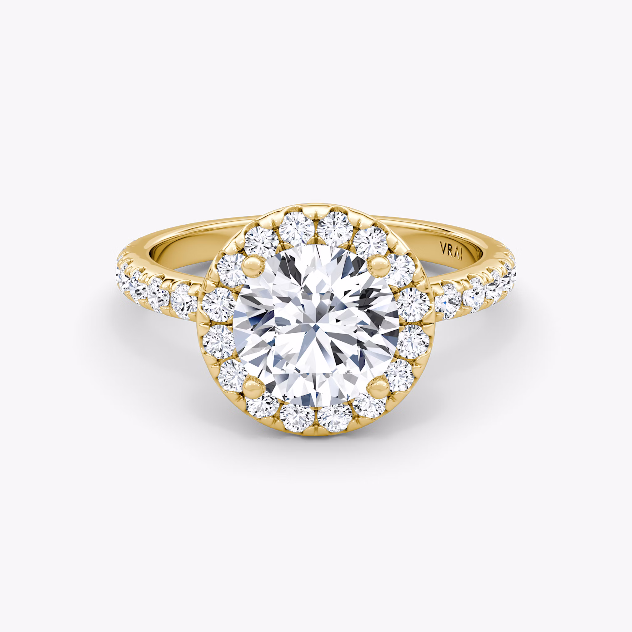 The Halo | Round Brilliant | 18k | Yellow Gold | bandAccent: Pavé | caratWeight: other | haloSize: large | diamondOrientation: vertical