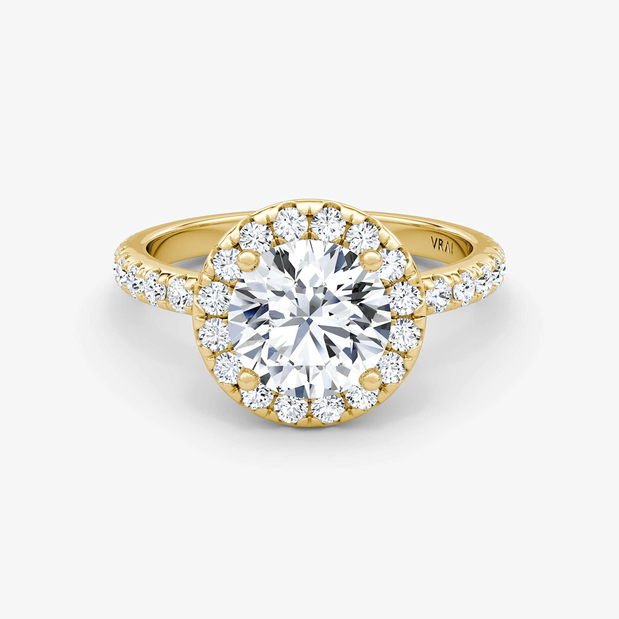 The Halo | Round Brilliant | 18k | Yellow Gold | bandAccent: Pavé | caratWeight: other | haloSize: large | diamondOrientation: vertical