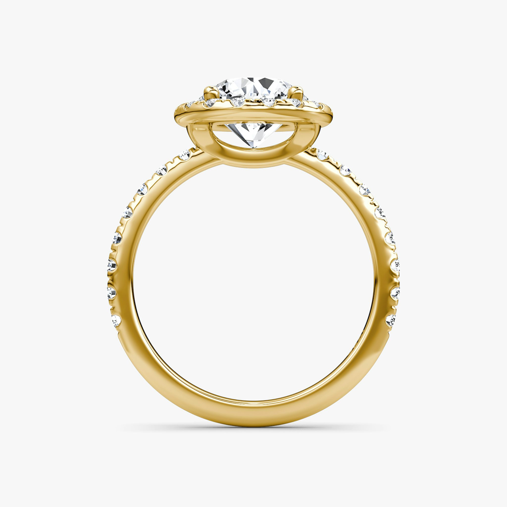 The Halo | Round Brilliant | 18k | Yellow Gold | bandAccent: Pavé | caratWeight: other | haloSize: large | diamondOrientation: vertical