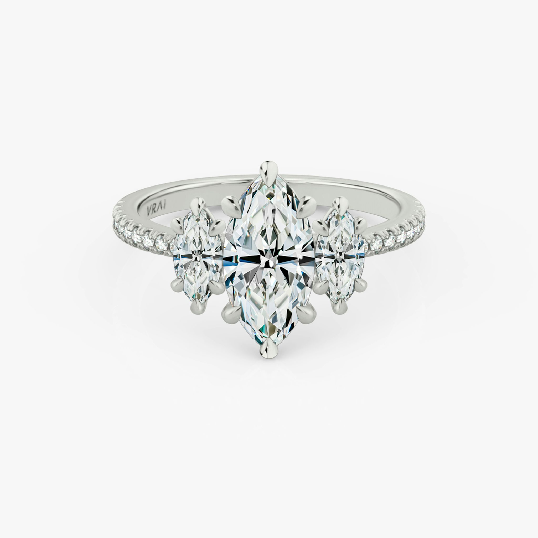 The Three Stone | Marquise | Platinum | bandAccent: Pavé | sideStoneCarat: 0.25ct | sideStoneShape: Marquise | diamondOrientation: vertical | caratWeight: other