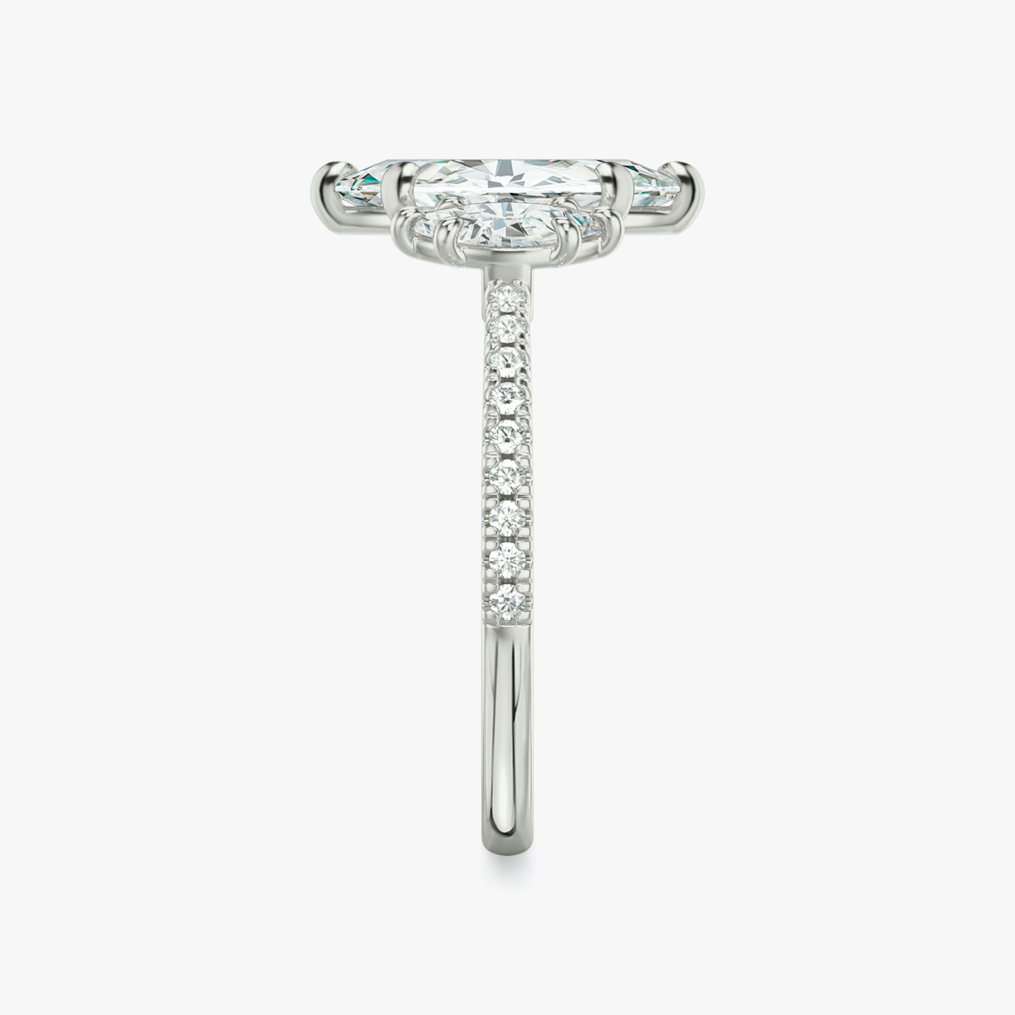 The Three Stone | Marquise | Platinum | bandAccent: Pavé | sideStoneCarat: 0.25ct | sideStoneShape: Marquise | diamondOrientation: vertical | caratWeight: other