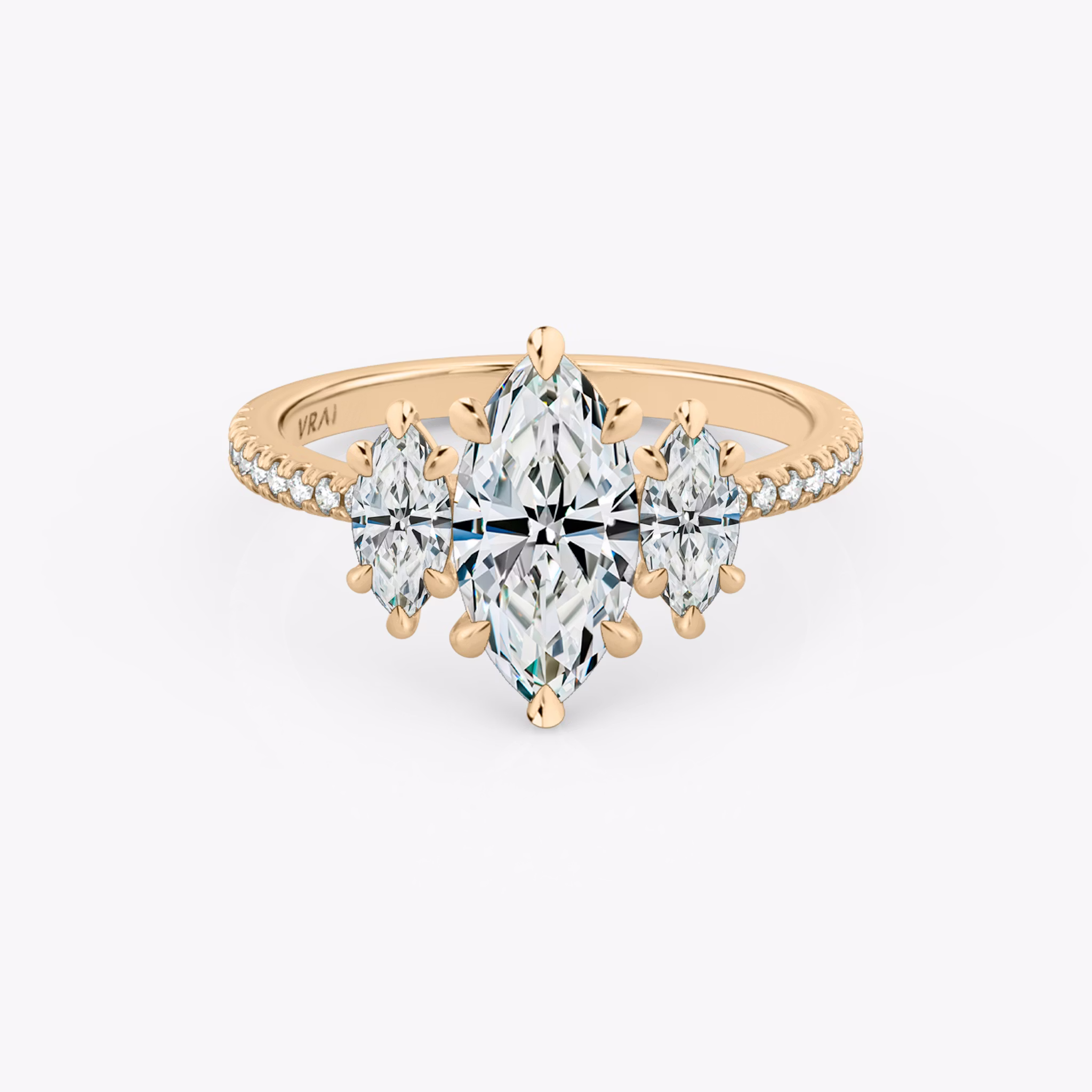 The Three Stone | Marquise | 14k | Rose Gold | bandAccent: Pavé | sideStoneCarat: 0.25ct | sideStoneShape: Marquise | diamondOrientation: vertical | caratWeight: other