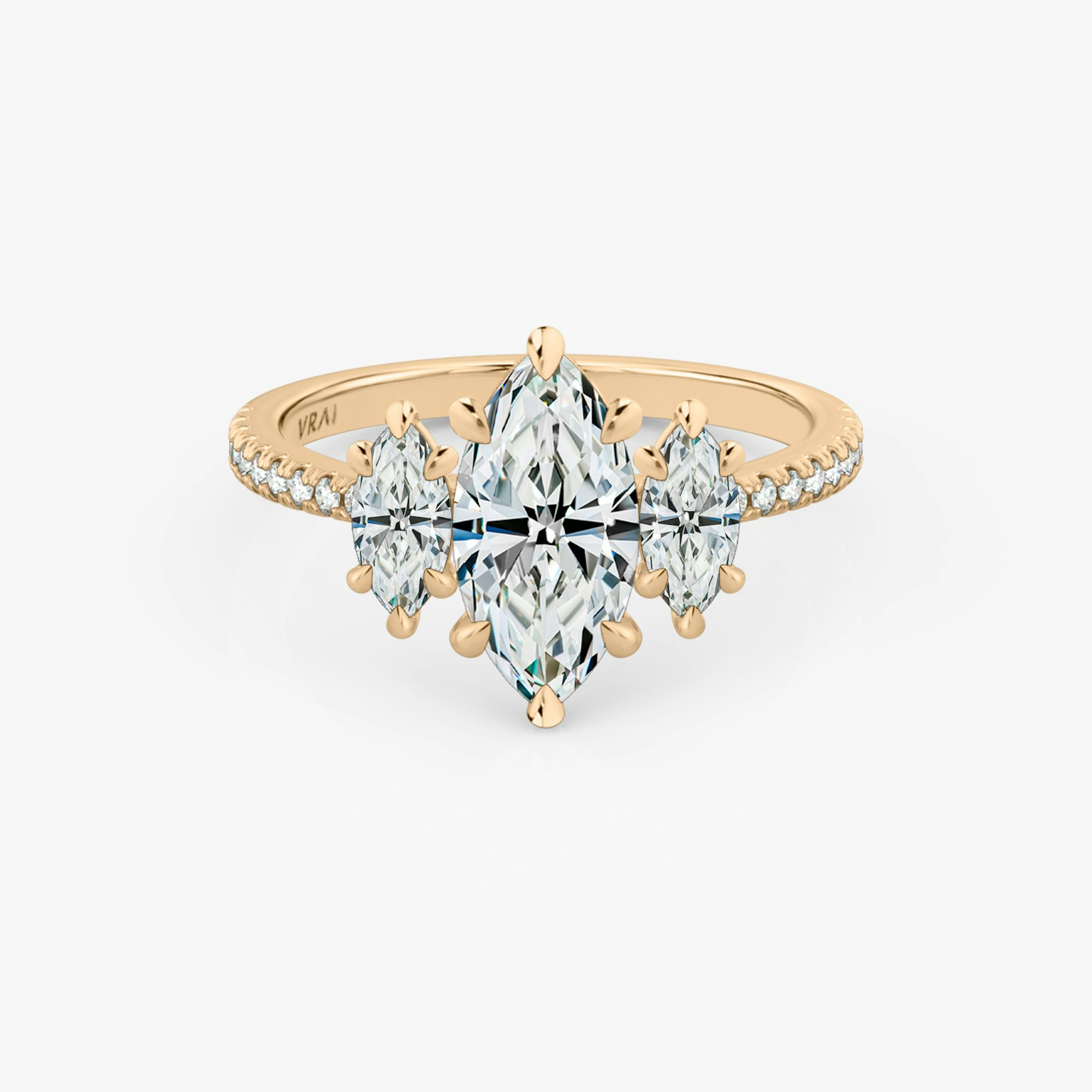 The Three Stone | Marquise | 14k | Rose Gold | bandAccent: Pavé | sideStoneCarat: 0.25ct | sideStoneShape: Marquise | diamondOrientation: vertical | caratWeight: other