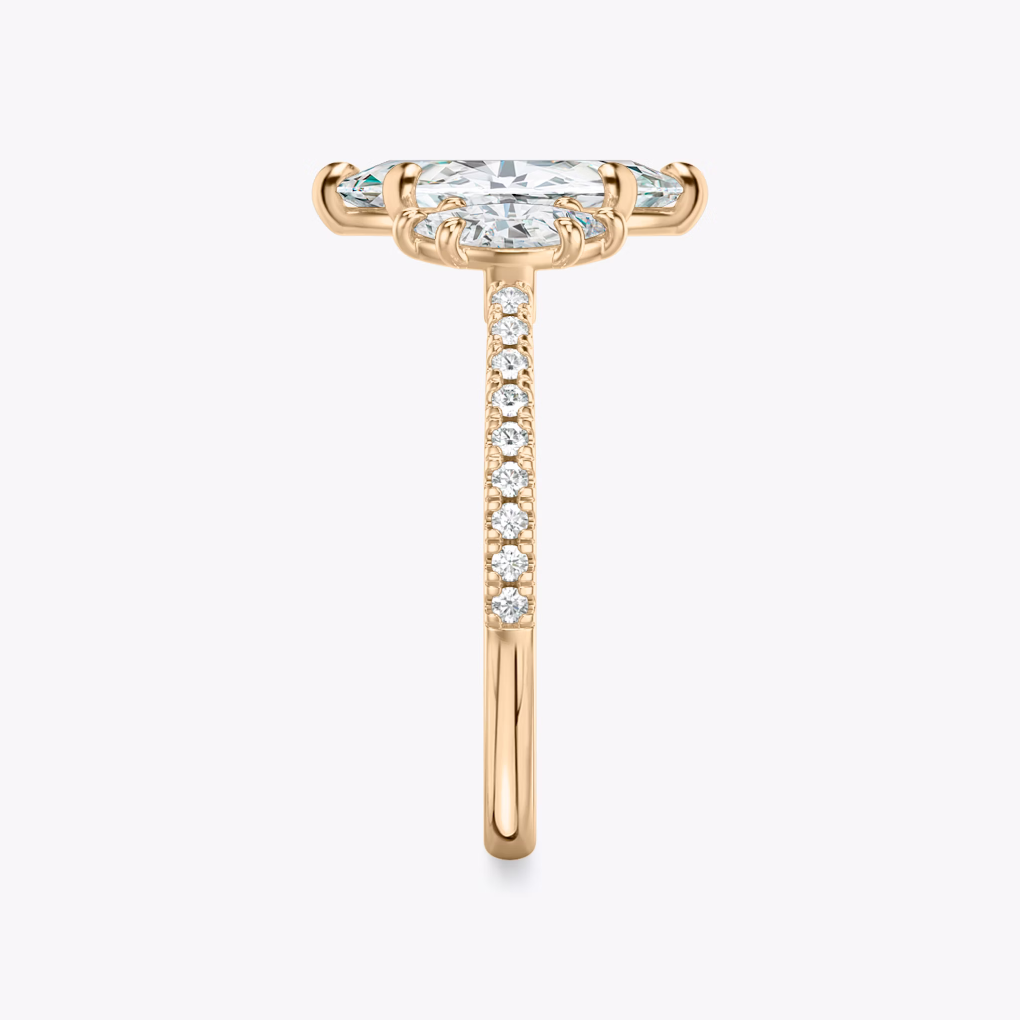 The Three Stone | Marquise | 14k | Rose Gold | bandAccent: Pavé | sideStoneCarat: 0.25ct | sideStoneShape: Marquise | diamondOrientation: vertical | caratWeight: other