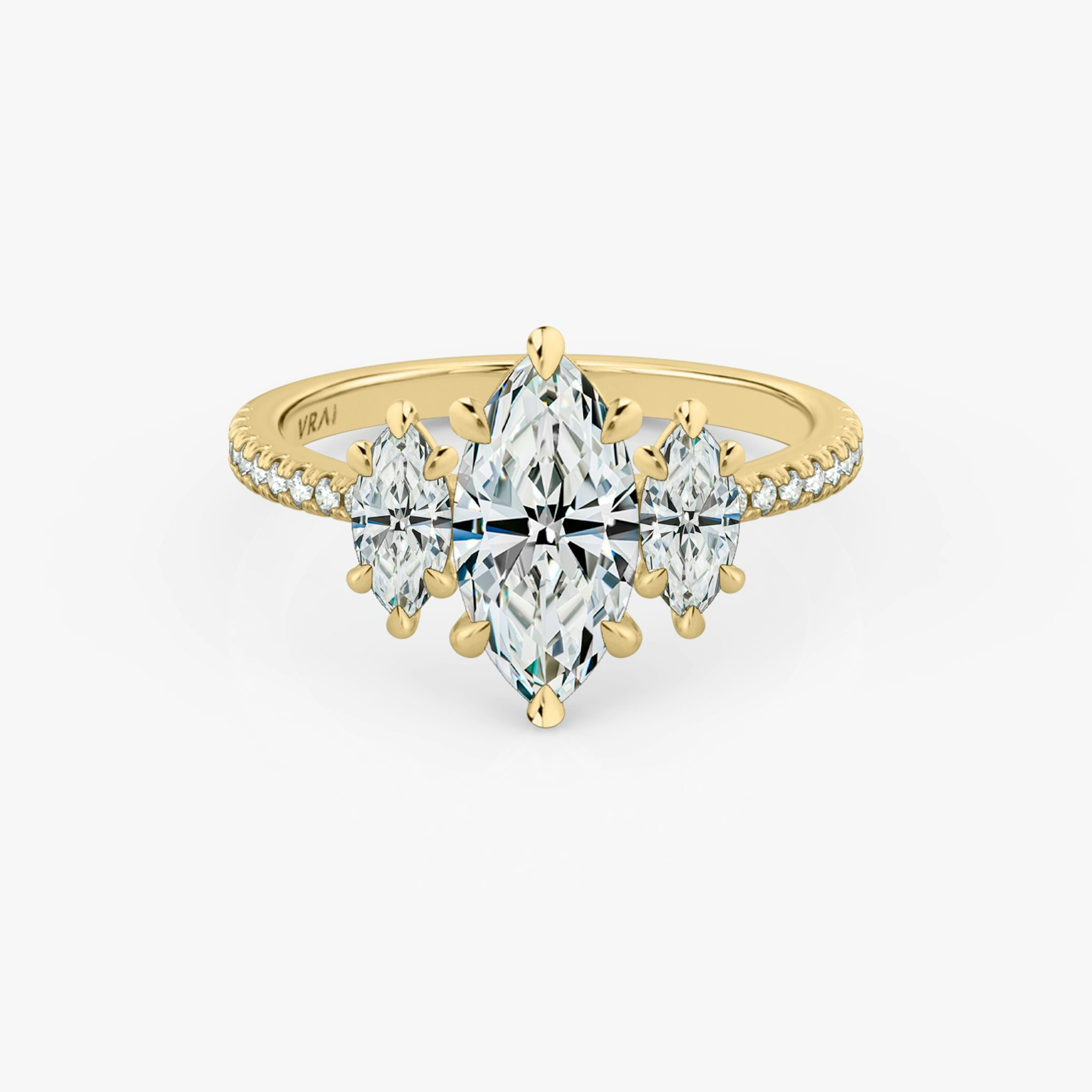 The Three Stone | Marquise | 18k | Yellow Gold | bandAccent: Pavé | sideStoneCarat: 0.25ct | sideStoneShape: Marquise | diamondOrientation: vertical | caratWeight: other
