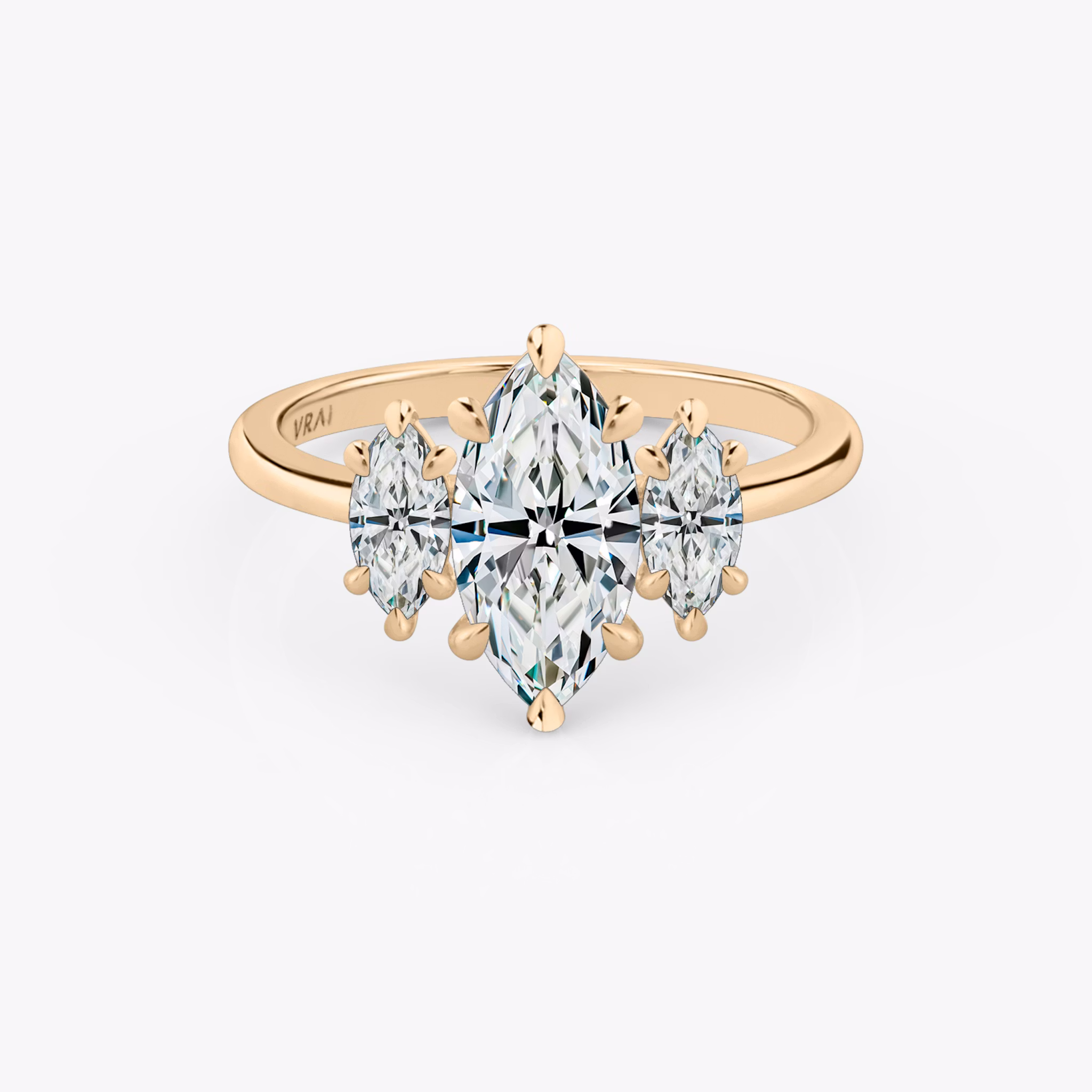 The Three Stone | Marquise | 14k | Rose Gold | bandAccent: Plain | sideStoneCarat: 0.25ct | sideStoneShape: Marquise | diamondOrientation: vertical | caratWeight: other
