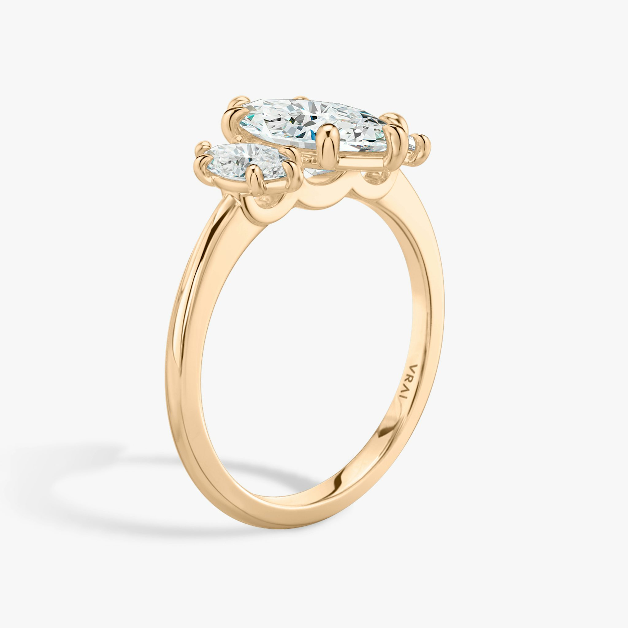 The Three Stone | Marquise | 14k | Rose Gold | bandAccent: Plain | sideStoneCarat: 0.25ct | sideStoneShape: Marquise | diamondOrientation: vertical | caratWeight: other