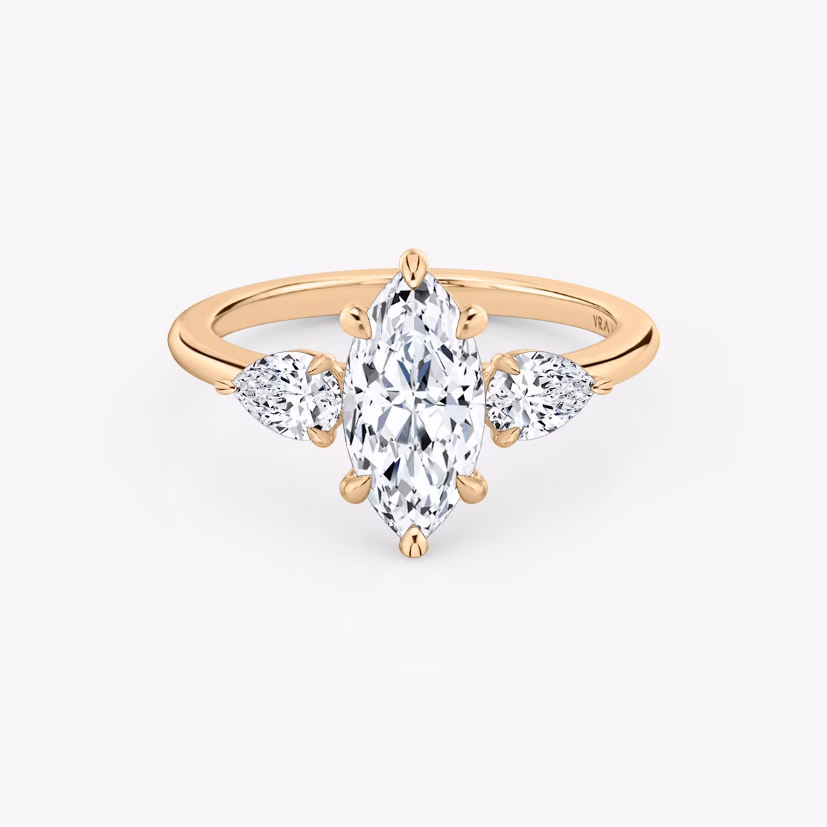 The Three Stone | Marquise | 14k | Rose Gold | bandAccent: Plain | sideStoneCarat: 0.25ct | sideStoneShape: Pear | diamondOrientation: vertical | caratWeight: other