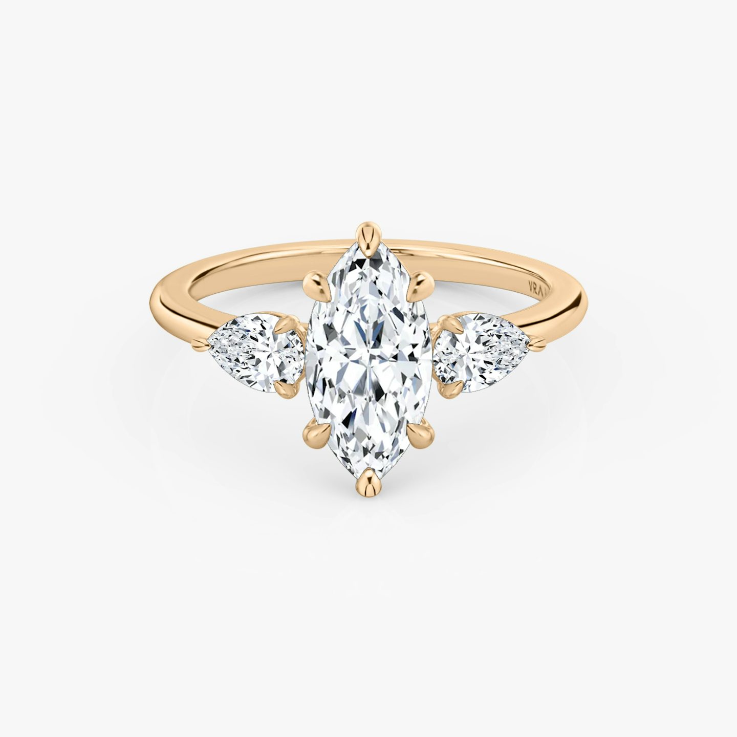 The Three Stone | Marquise | 14k | Rose Gold | bandAccent: Plain | sideStoneCarat: 0.25ct | sideStoneShape: Pear | diamondOrientation: vertical | caratWeight: other